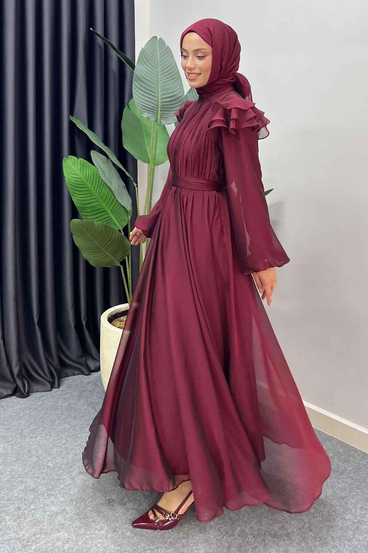 Rimel Moda Peri Pırlanta Abiye Elbise Bordo