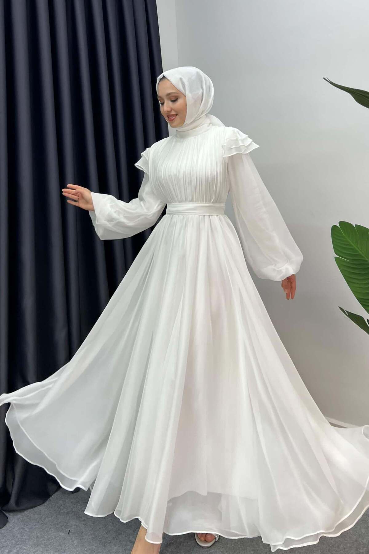 Rimel Moda Peri Pırlanta Abiye Elbise Beyaz