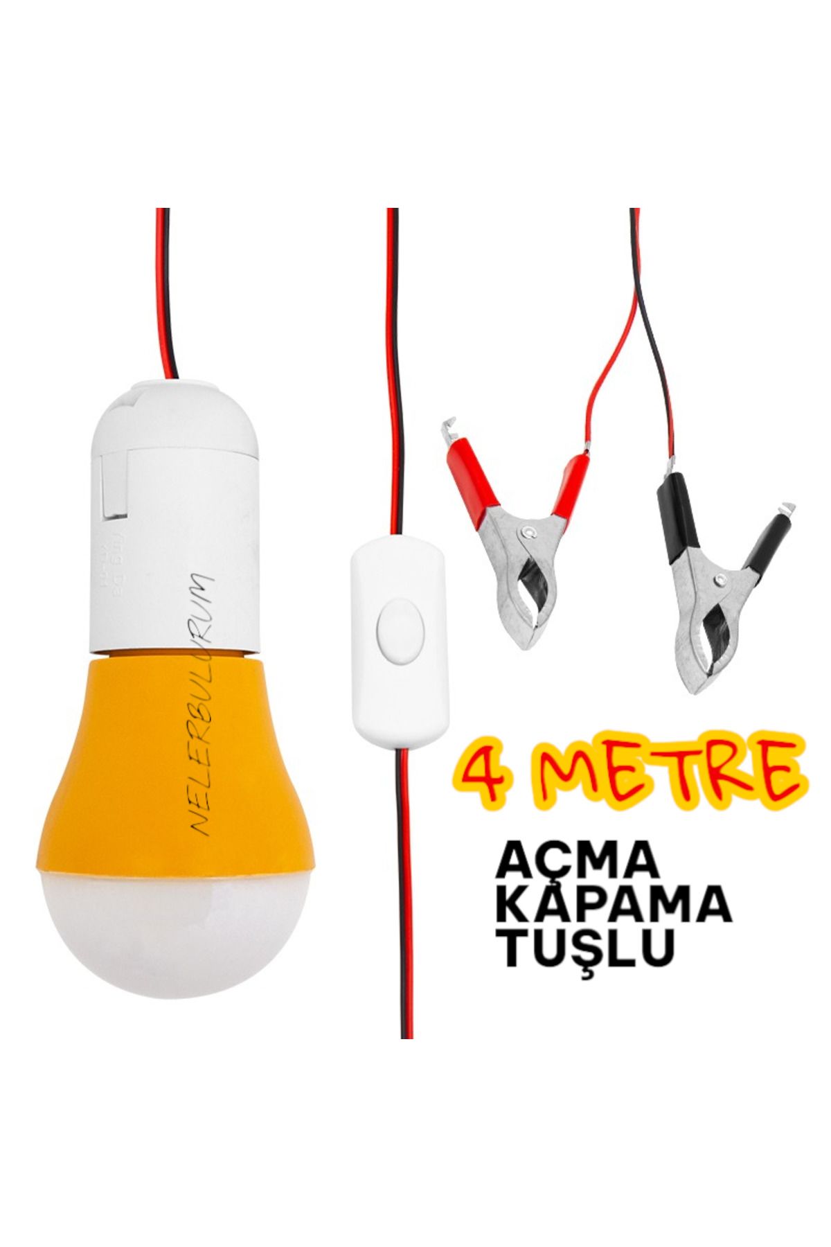 nelerbulurum AKÜ MAŞALI AÇMA KAPAMA TUŞLU 4 METRE KABLOLU 12 VOLT 10 WATT 6500K BEYAZ LED AMPUL