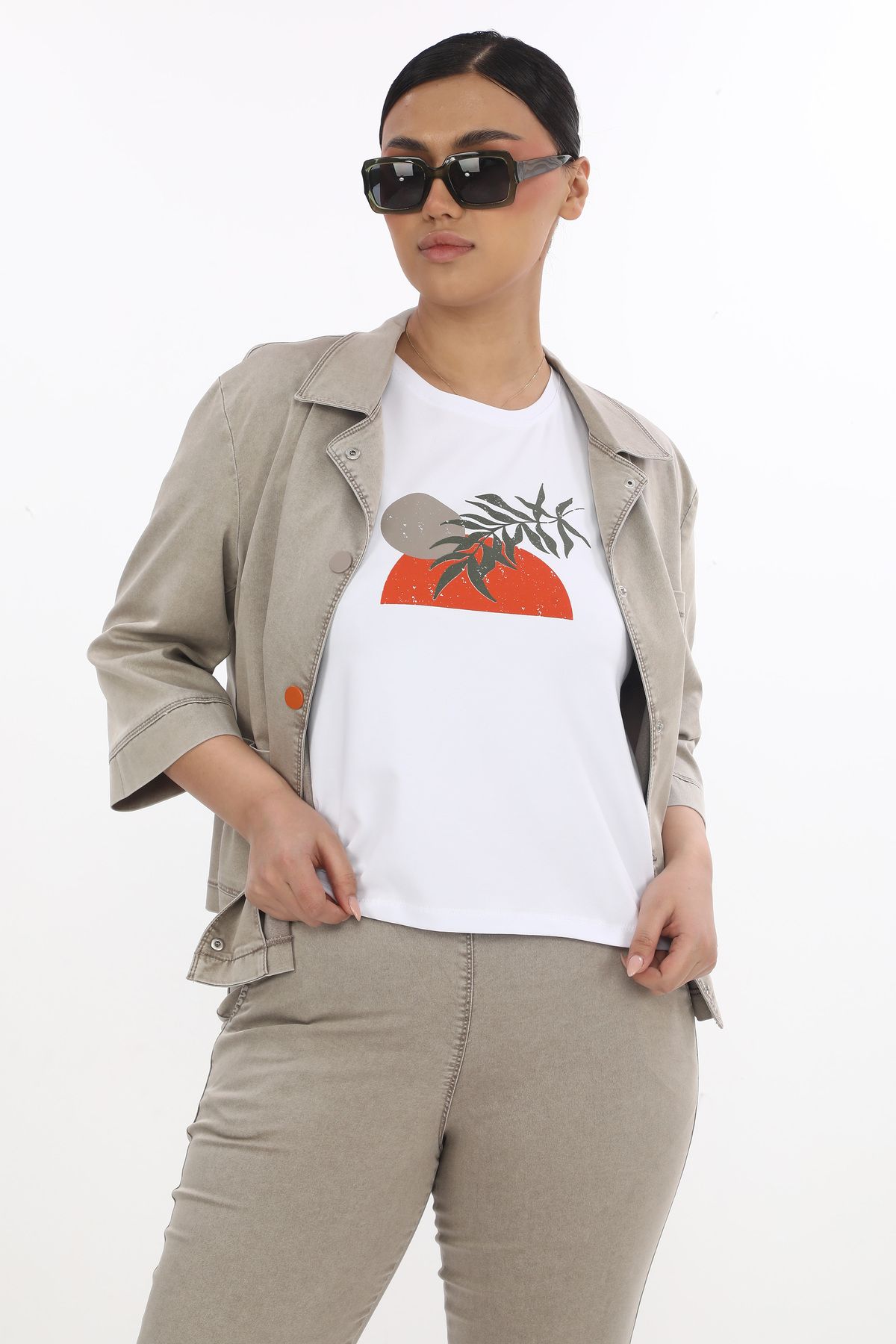 EXİTLİNE Kadın Üçlü Yazlık Mercan Takım Ceket Pantolon Tshirt