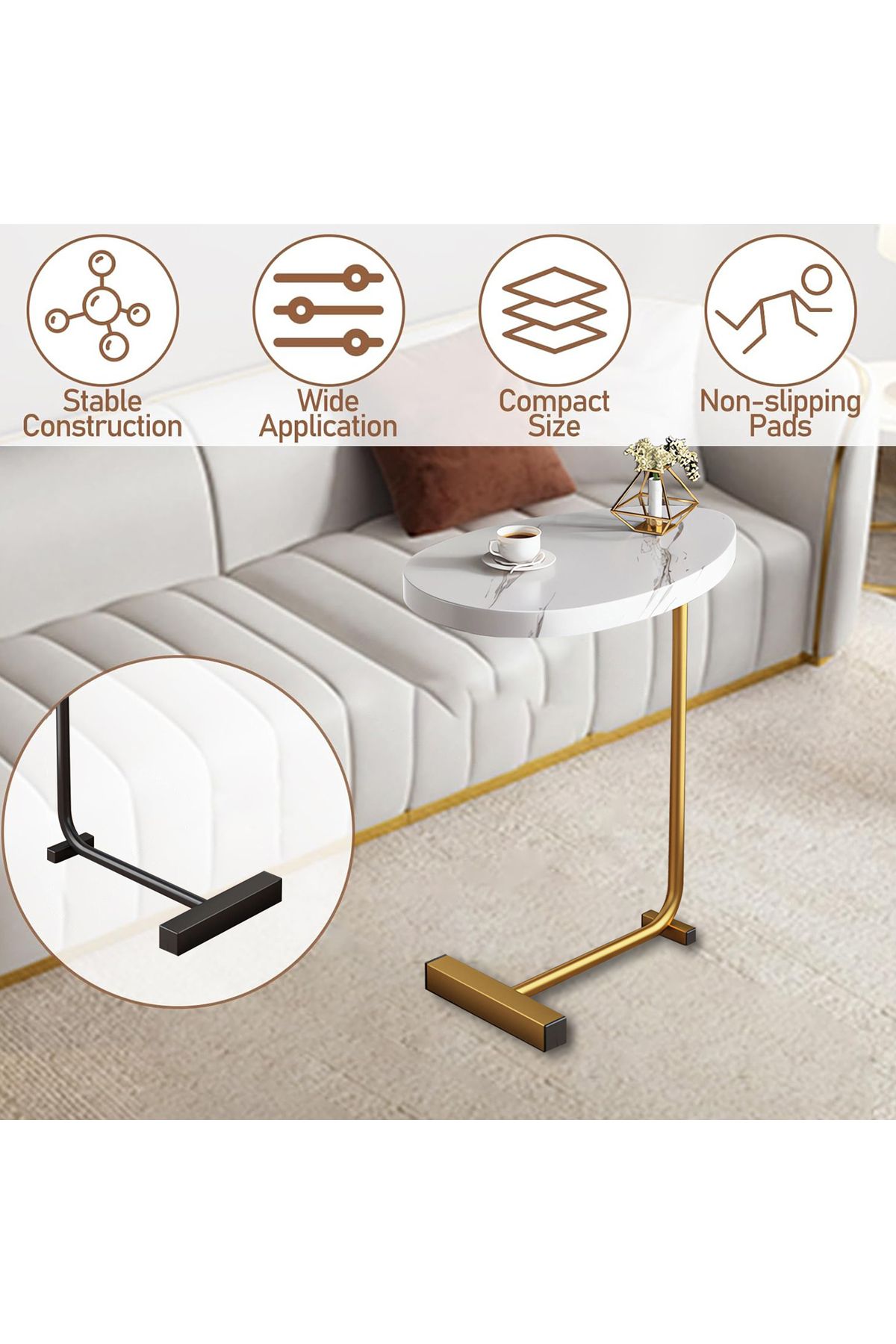 VINNYSEN-Side Table, C Shaped End Table, Side Tables Living Room, Small Coffee Table with Metal Frame 4
