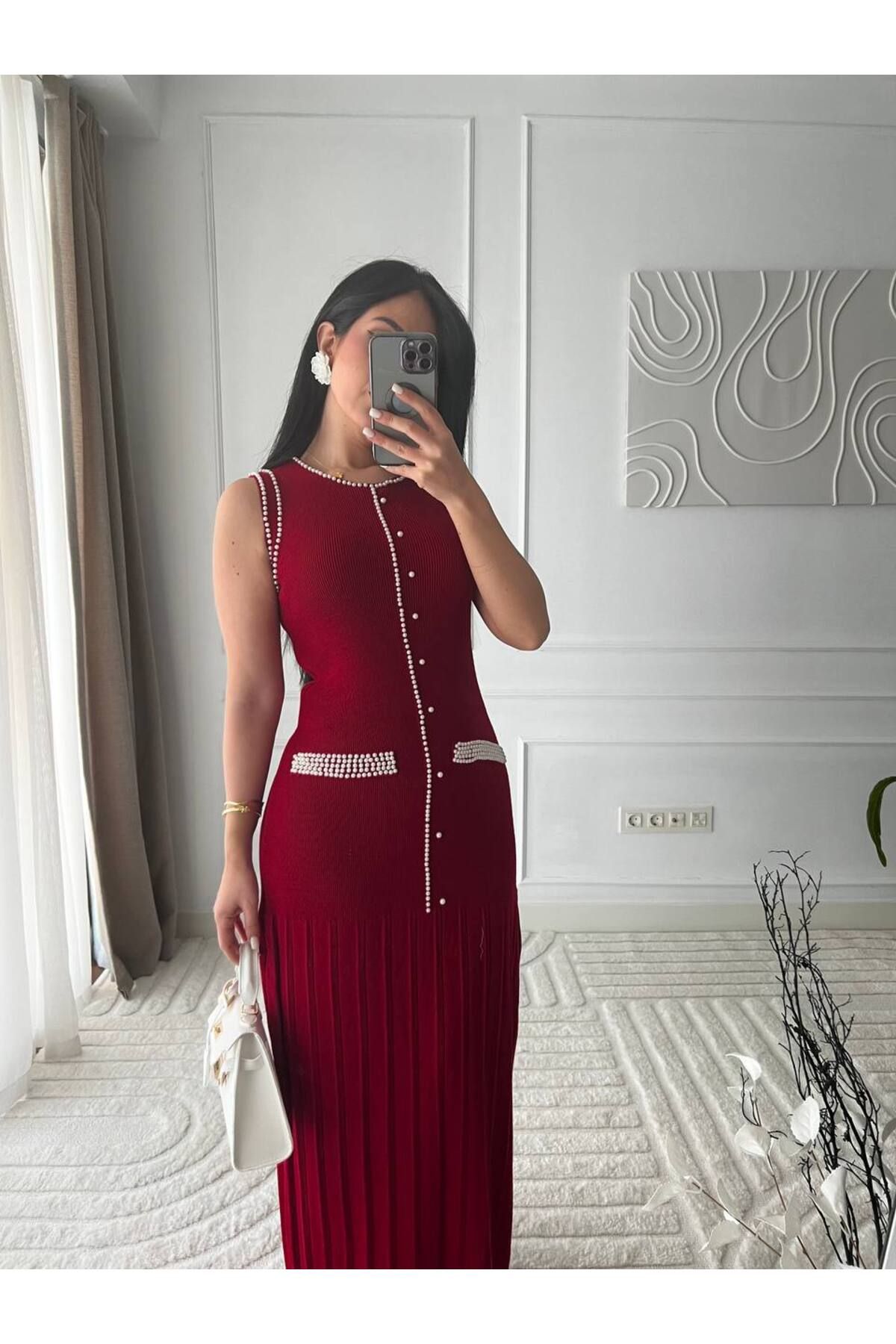 Abalı Yeni sezon, İnci detaylı maxi akrilik Elbise Jar Almajboir,