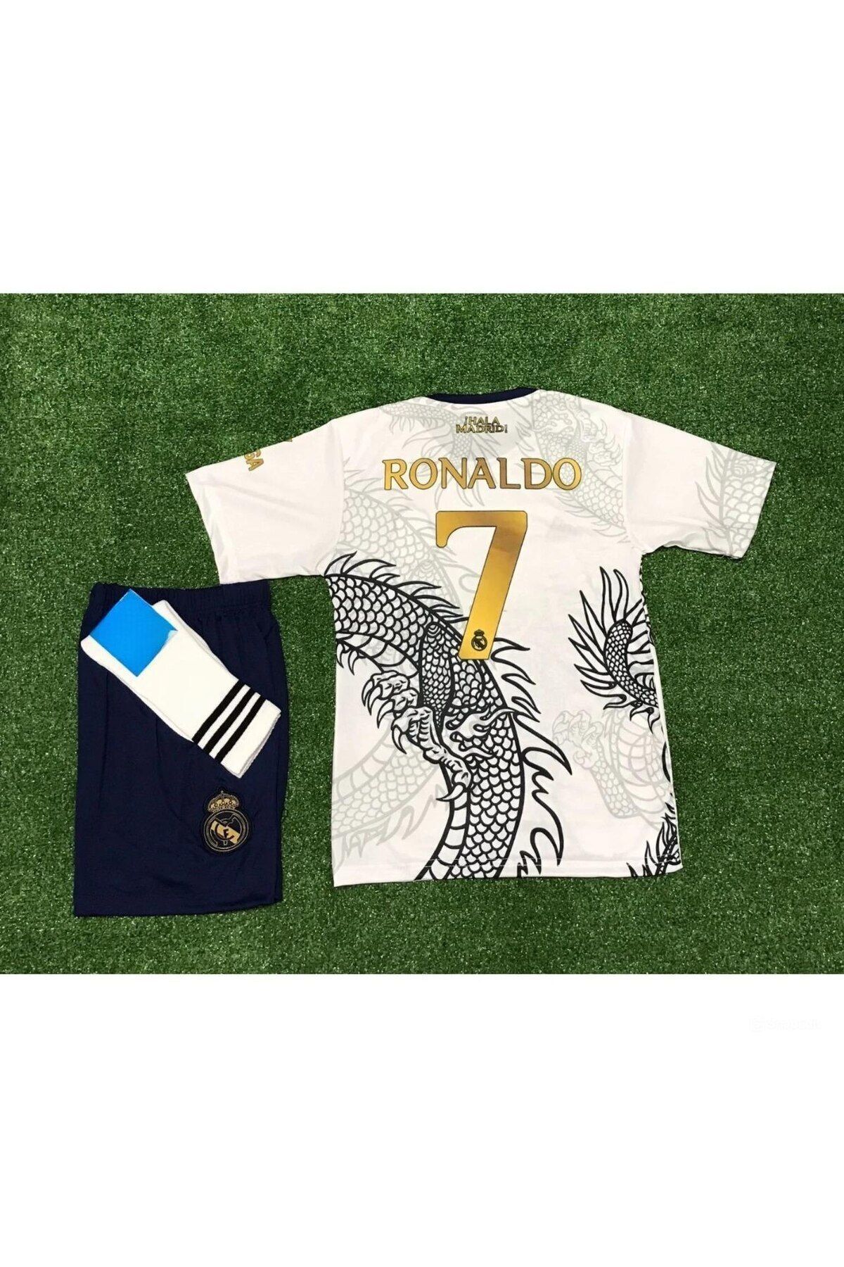 FAMİLYSTAN Real'. Madrid'. Ronaldo CR7 Beyaz Dragon Özel Tasarım Çocuk 3 Lü Set Forması Spor T-Shirt