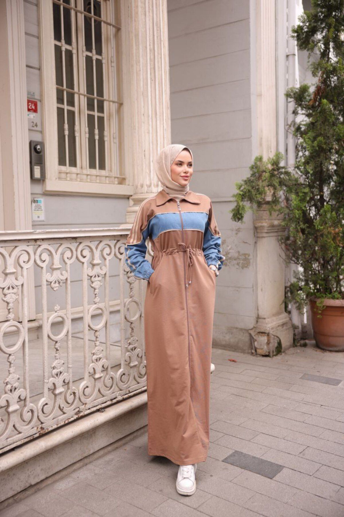 moda4b Kadın Kapşonlu Kot Detaylı Spor Kap – Pamuklu Rahat Tesettür Mont n-05441 _ Bej