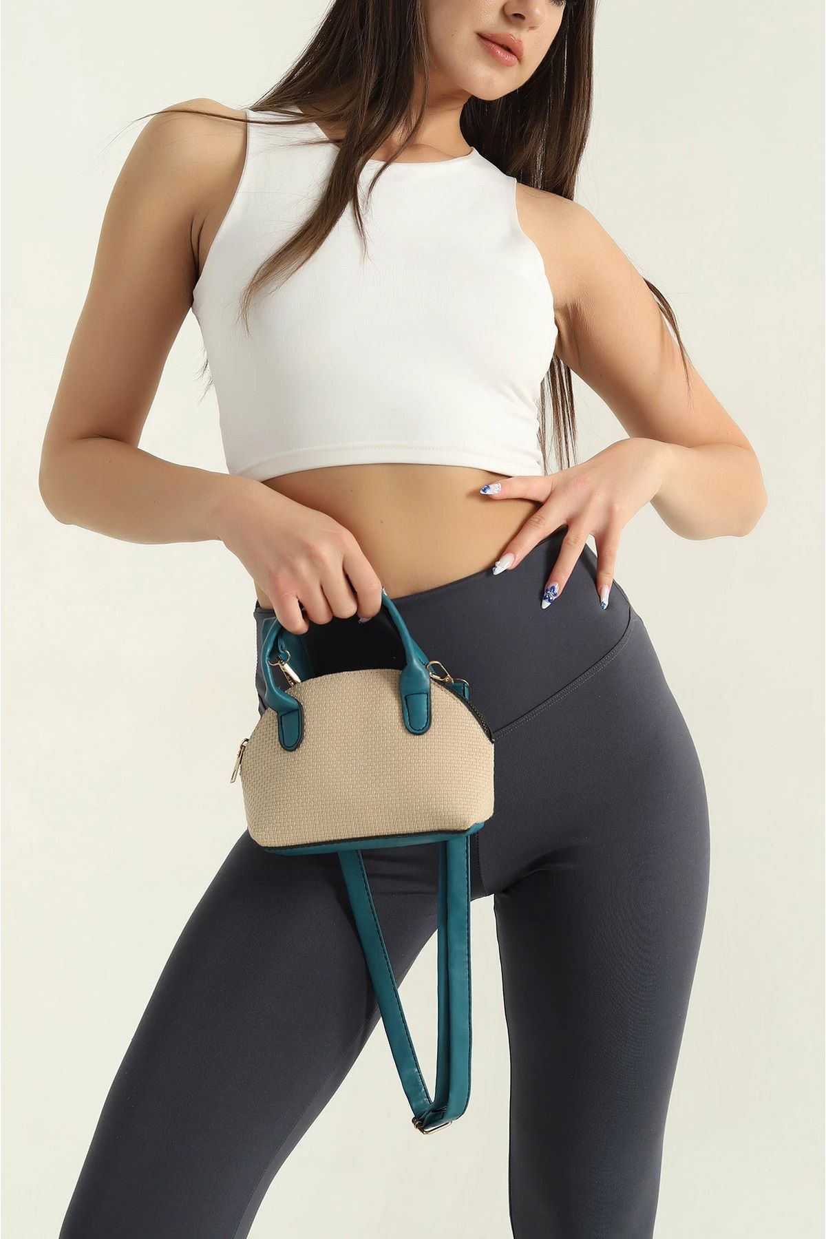 Butik Yeşil Mini Hasır El ve Çapraz Omuz Çantası