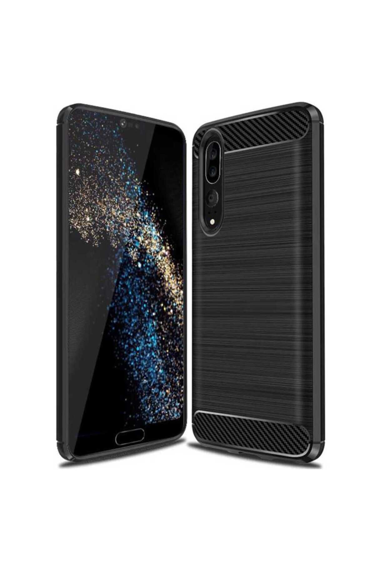 Ehr. Huawei P20 Pro ile Uyumlu Kamera Korumalı Darbe Önleyici Carbon Brushed Silikon Kılıf