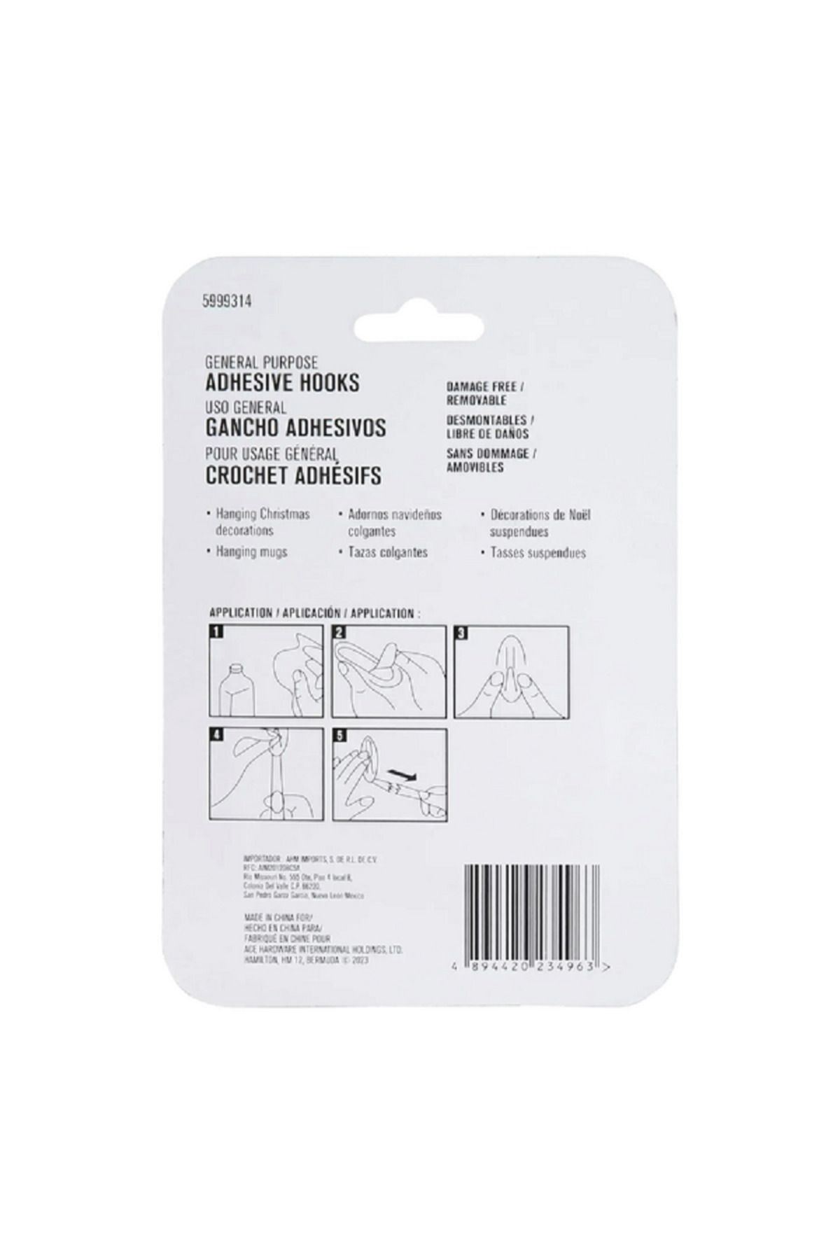 ACE-3-Piece Damage Free General Purpose Adhesive Hook with Strips White 2.3 x 5.5cm 2