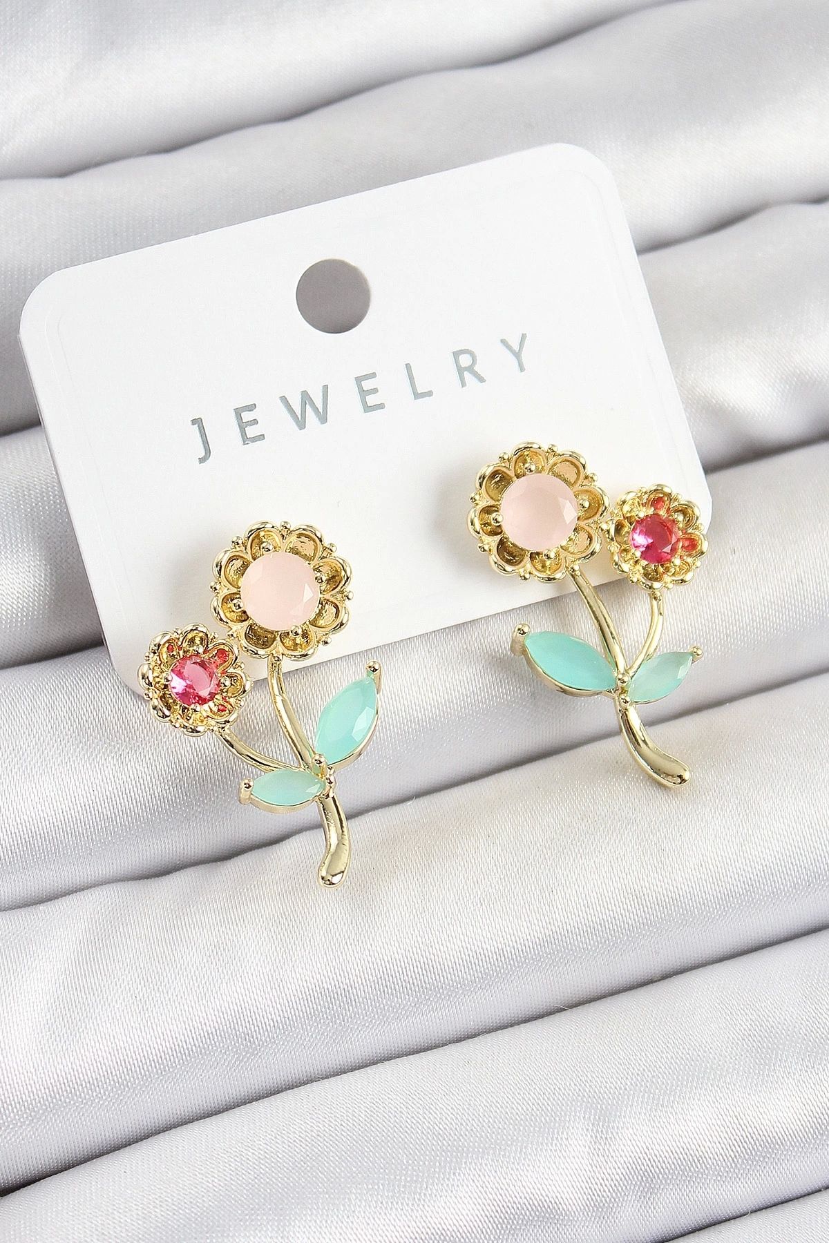 GLIMMERY Pirinç Renkli Zirkon Taşlı Papatya Model Gold Renk Kadın Küpe