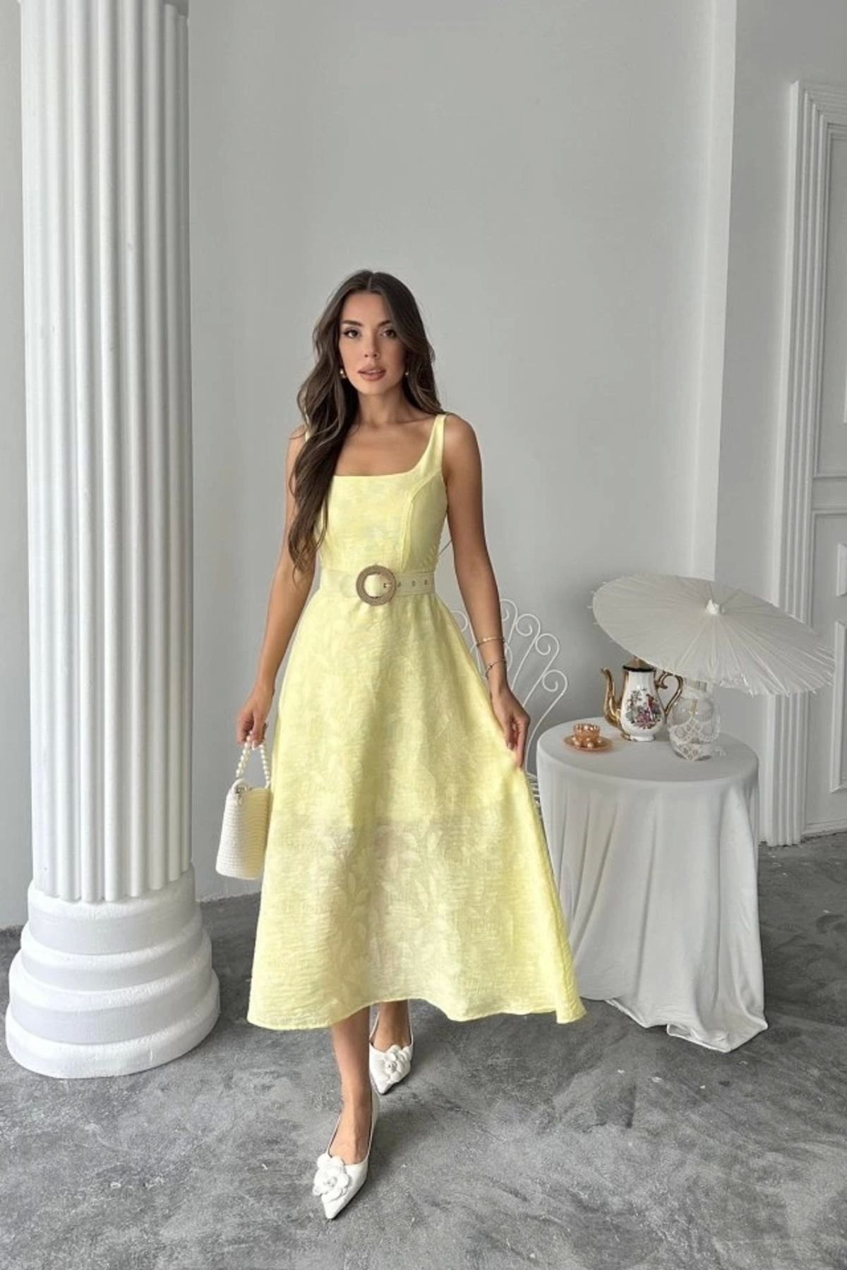 Butik Sarı Kuplu Uzun Elbise
