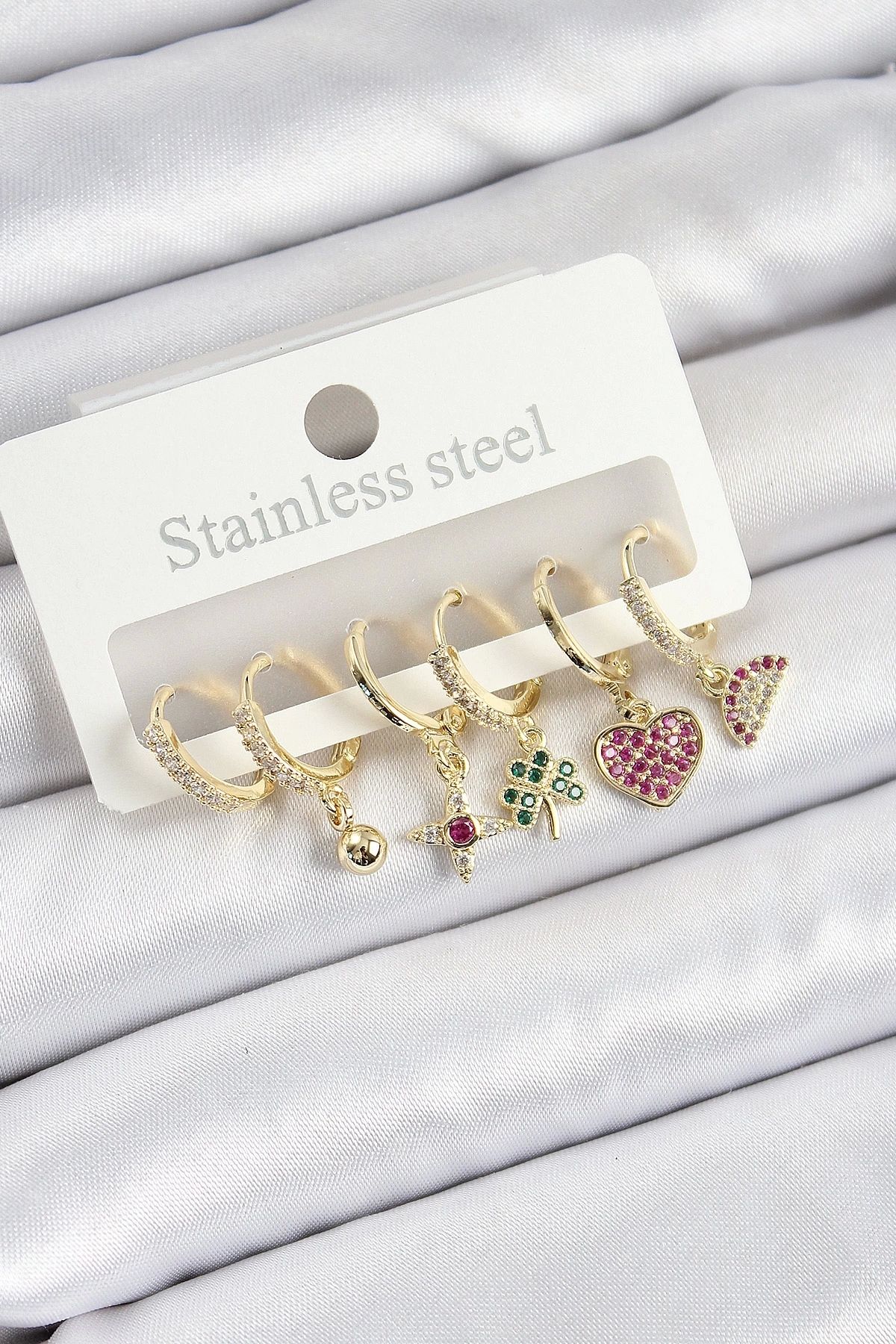 GLIMMERY Pirinç Zirkon Taşlı Karpuz Yonca Kalp Pusula Karışık Model Gold Renk 6'lı Set Kadın Küpe