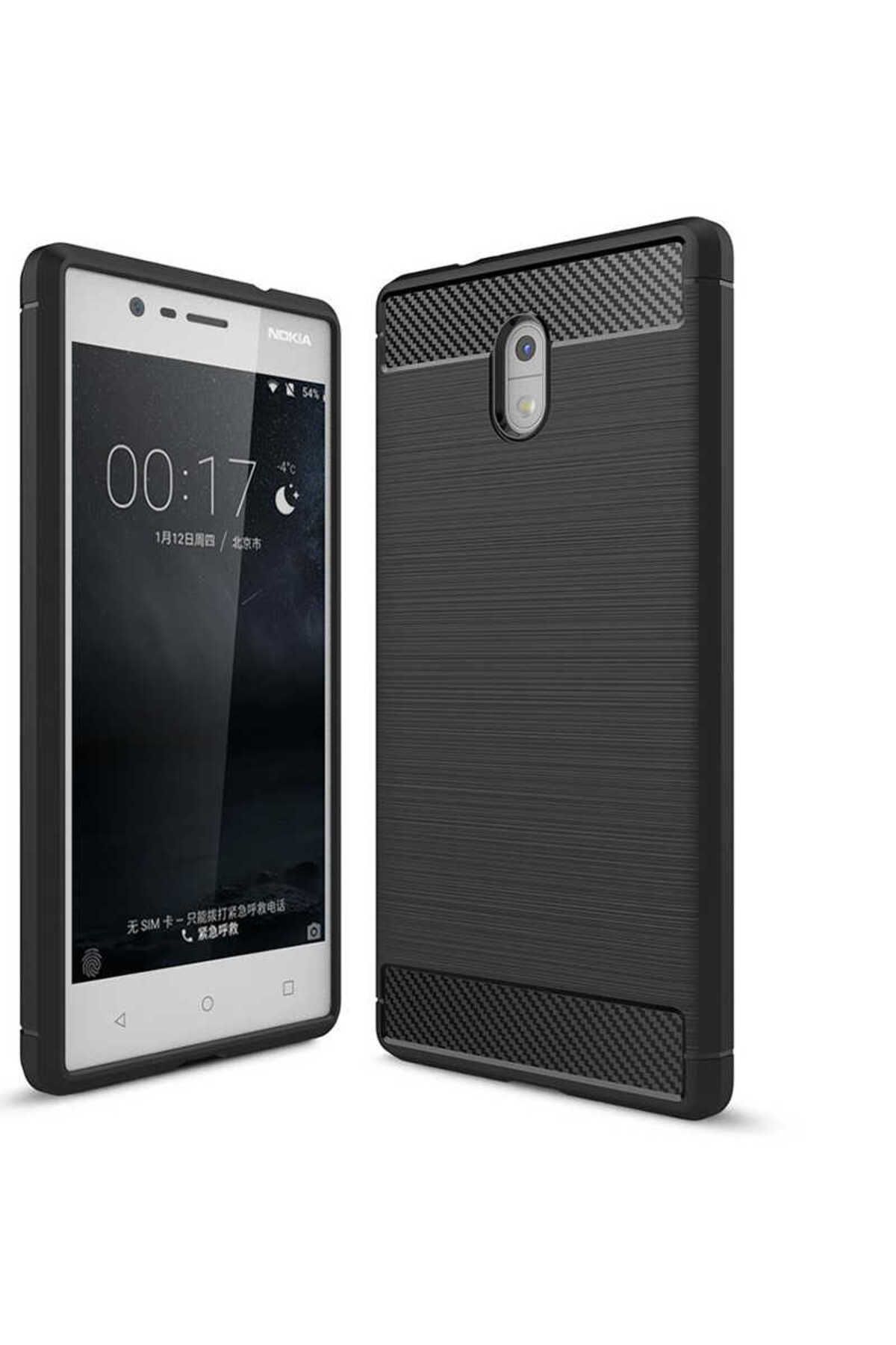 Ehr. Nokia 3 ile Uyumlu Kamera Korumalı Darbe Önleyici Carbon Brushed Silikon Kılıf
