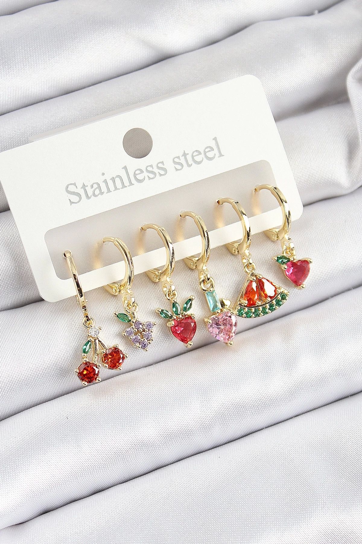GLIMMERY Pirinç Zirkon Taşlı Meyve Temalı Karışık Model Gold Renk 6'lı Set Kadın Küpe