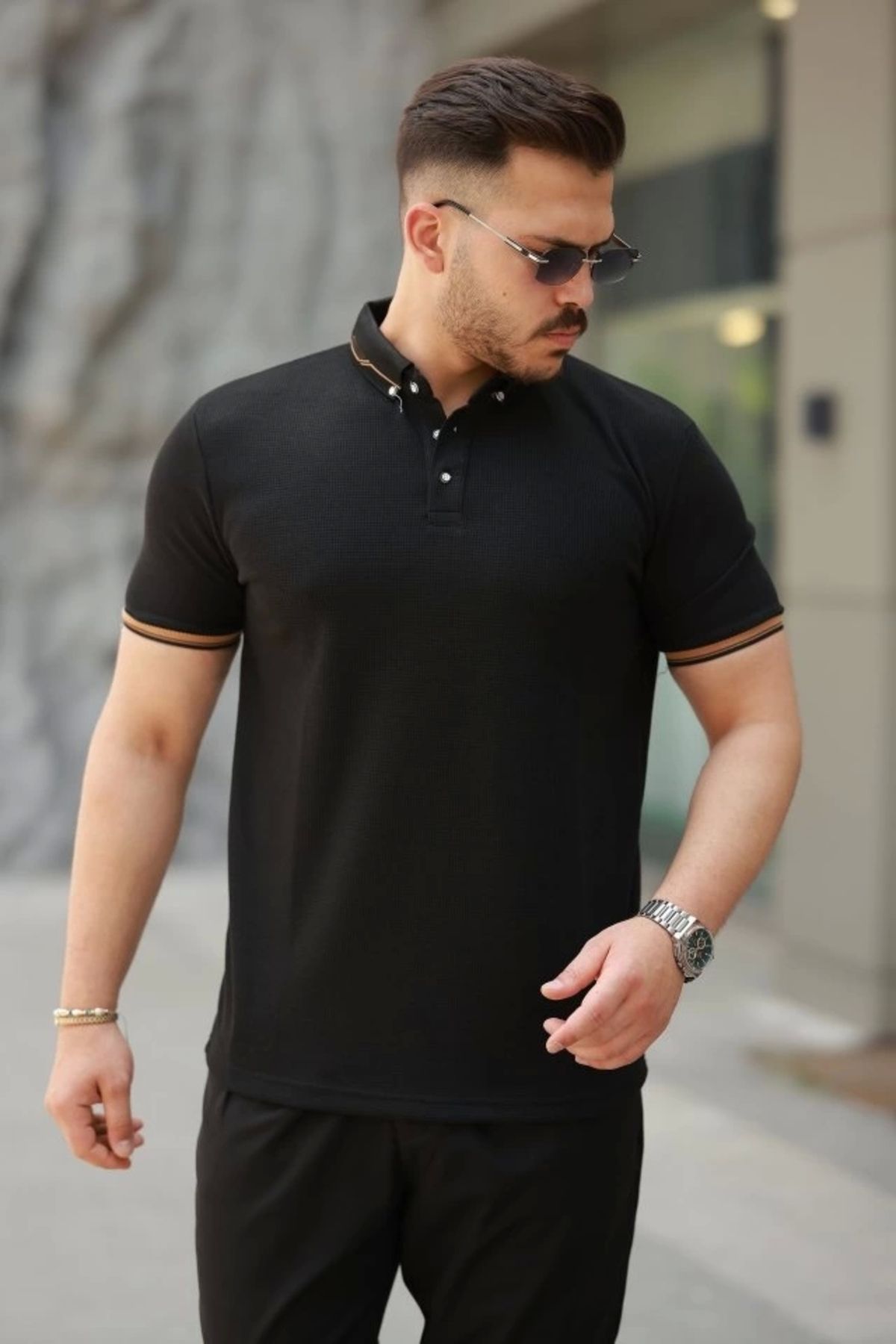 Butik Erkek Düğmeli Yaka Waffle Kumaş Kısa Kollu Tişört