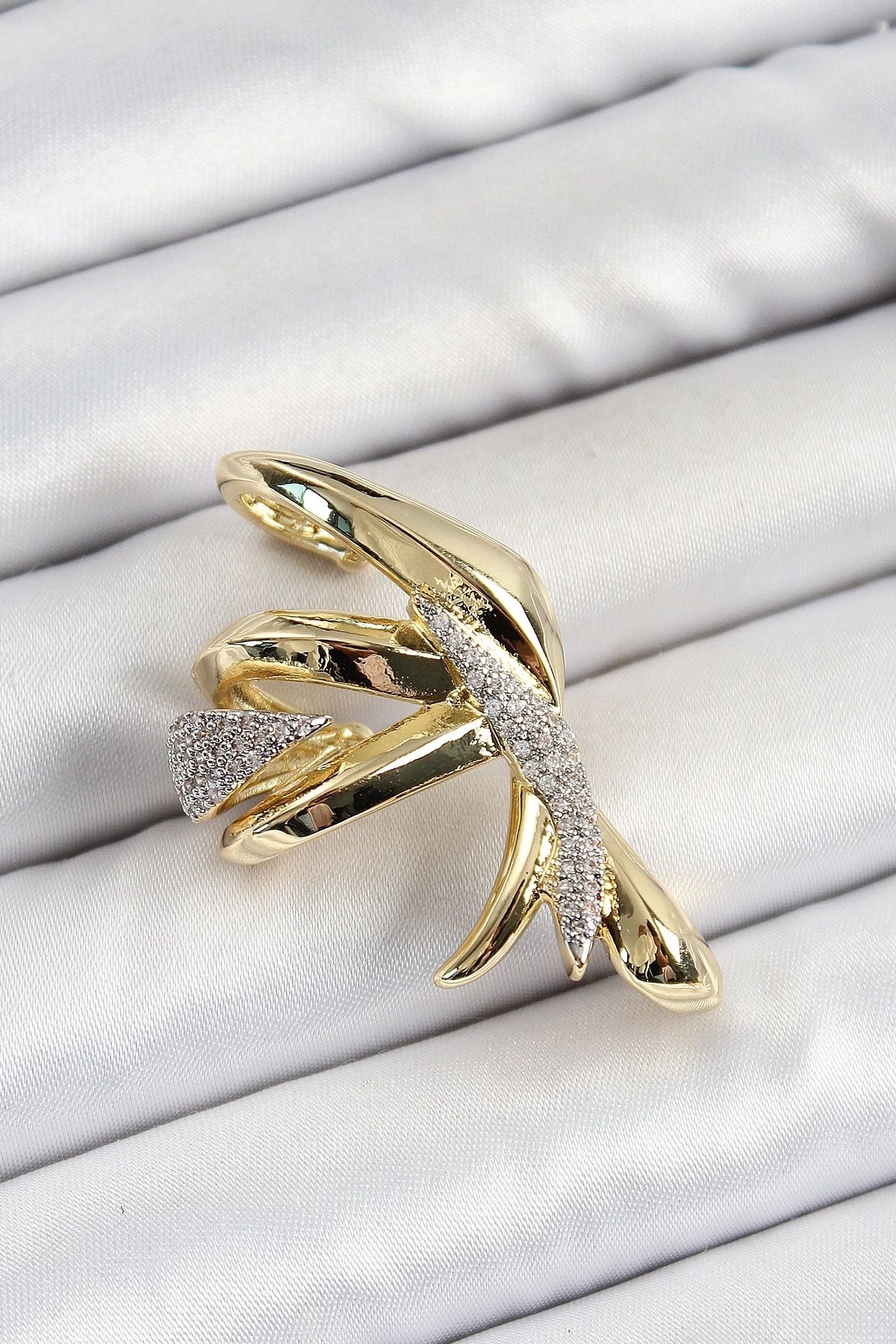 GLIMMERY Pirinç Zirkon Taşlı Sıkıştırma Sağ Kıkırdak Gold Renk Kadın Küpe