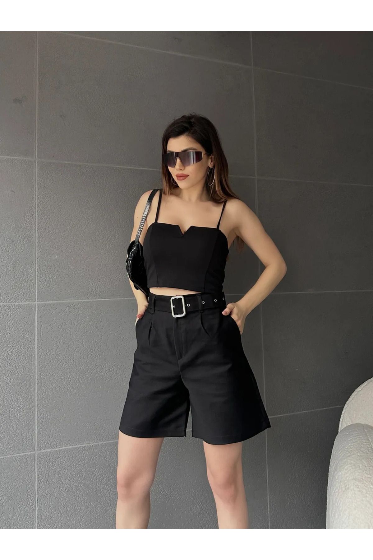 Mimora Premium Mimora Kemerli Geniş Paçalı Mom Şort