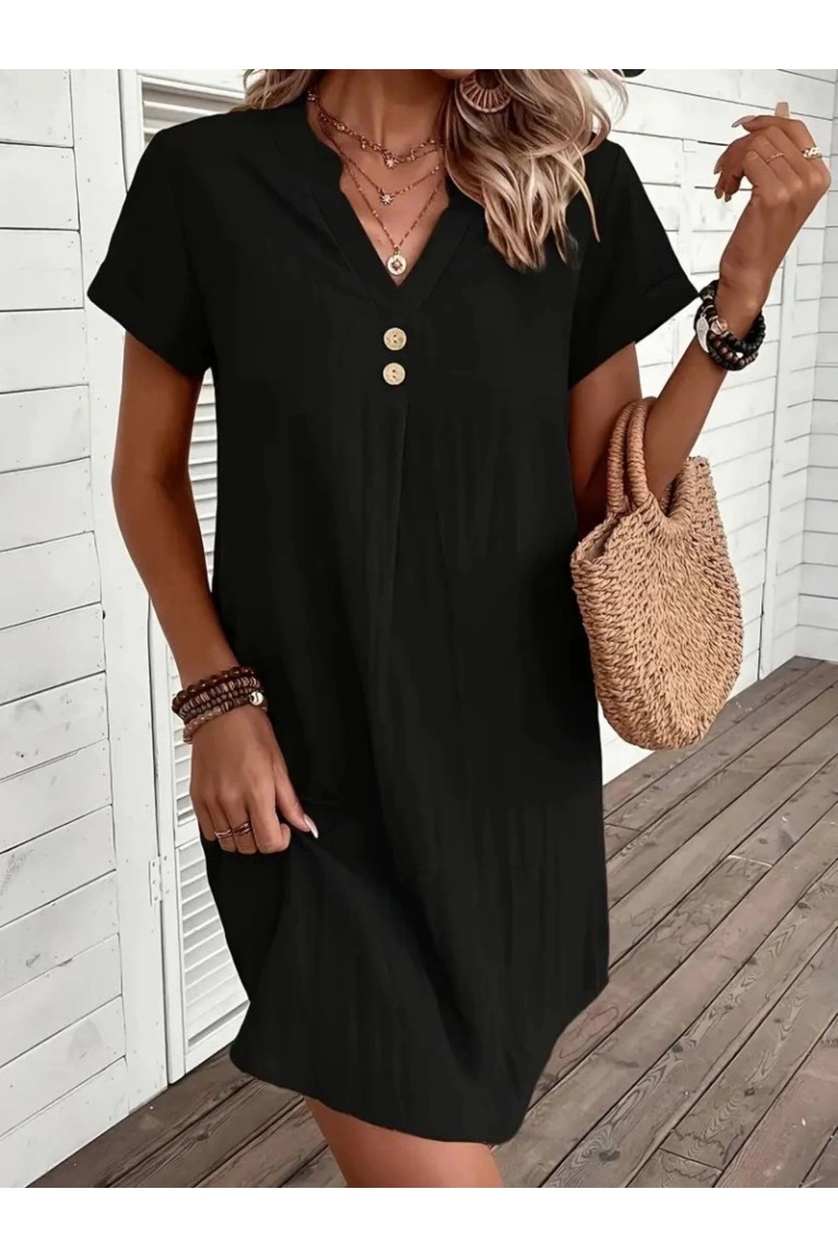 Butik Kadın Kısa Kollu V Yakalı Düğmeli Müslim Kısa Elbise