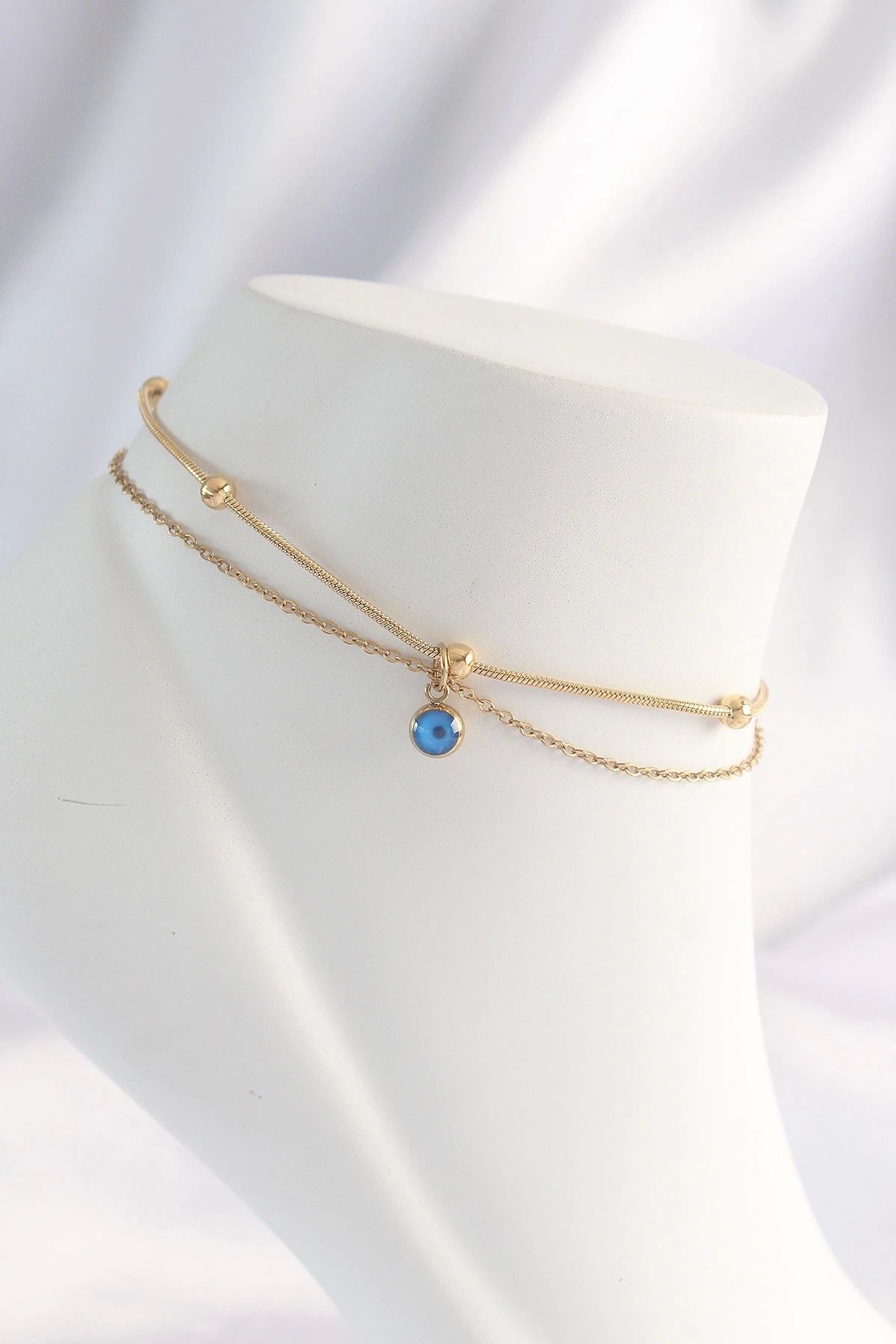 Nemere 316L Çelik Gold Renk Nazar Boncuklu 2li Çapraz Halhal - TJ-HH1624