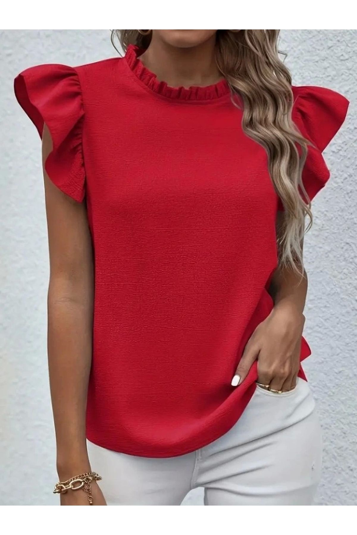Butik Kadın Kısa Kollu Fırfır Yakalı Bürümcük Bluz