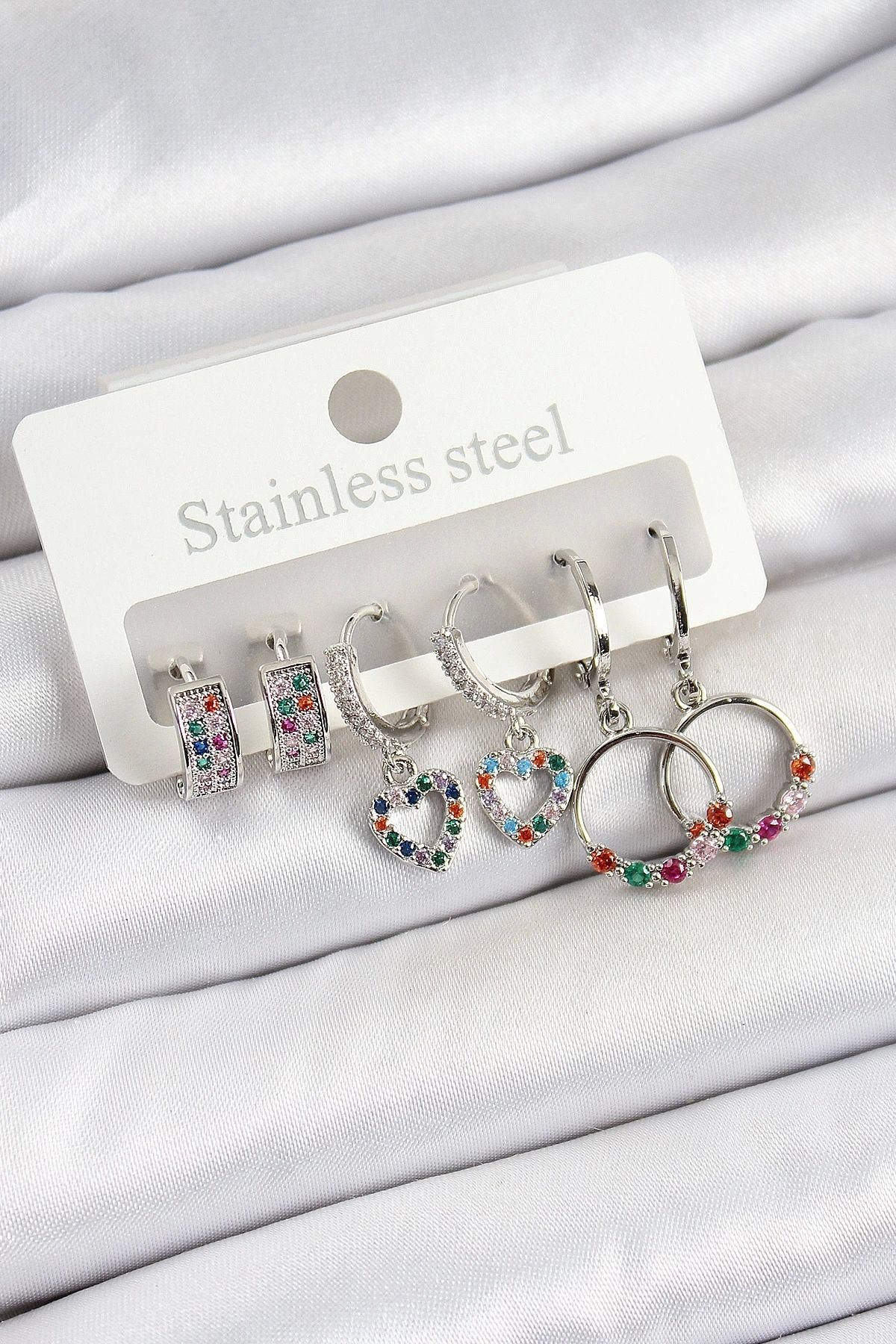 GLIMMERY Pirinç Zirkon Taşlı Kalp Ve Halka Model Gold Renk 6'lı Set Kadın Küpe