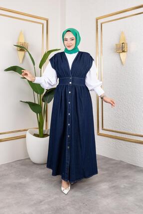 HARMAN BUTİK Kadın V Yaka Düğmeli Lacivert Kot Jile
