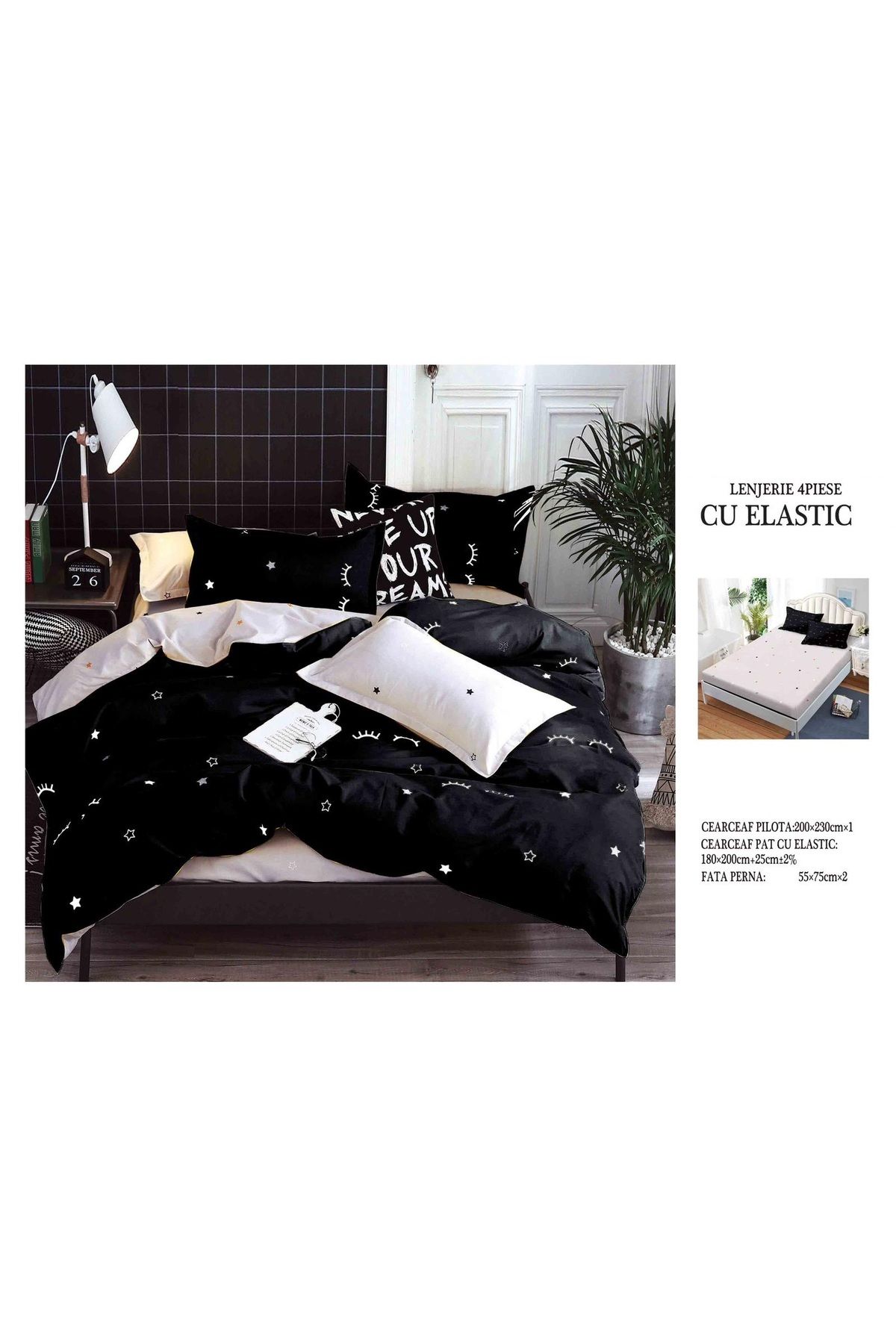 CHIRASO-CHIRASO 4-Piece Bedding Set, Satin Cotton, Fitted Sheet 180x200 cm, 2 Pillowcases 2