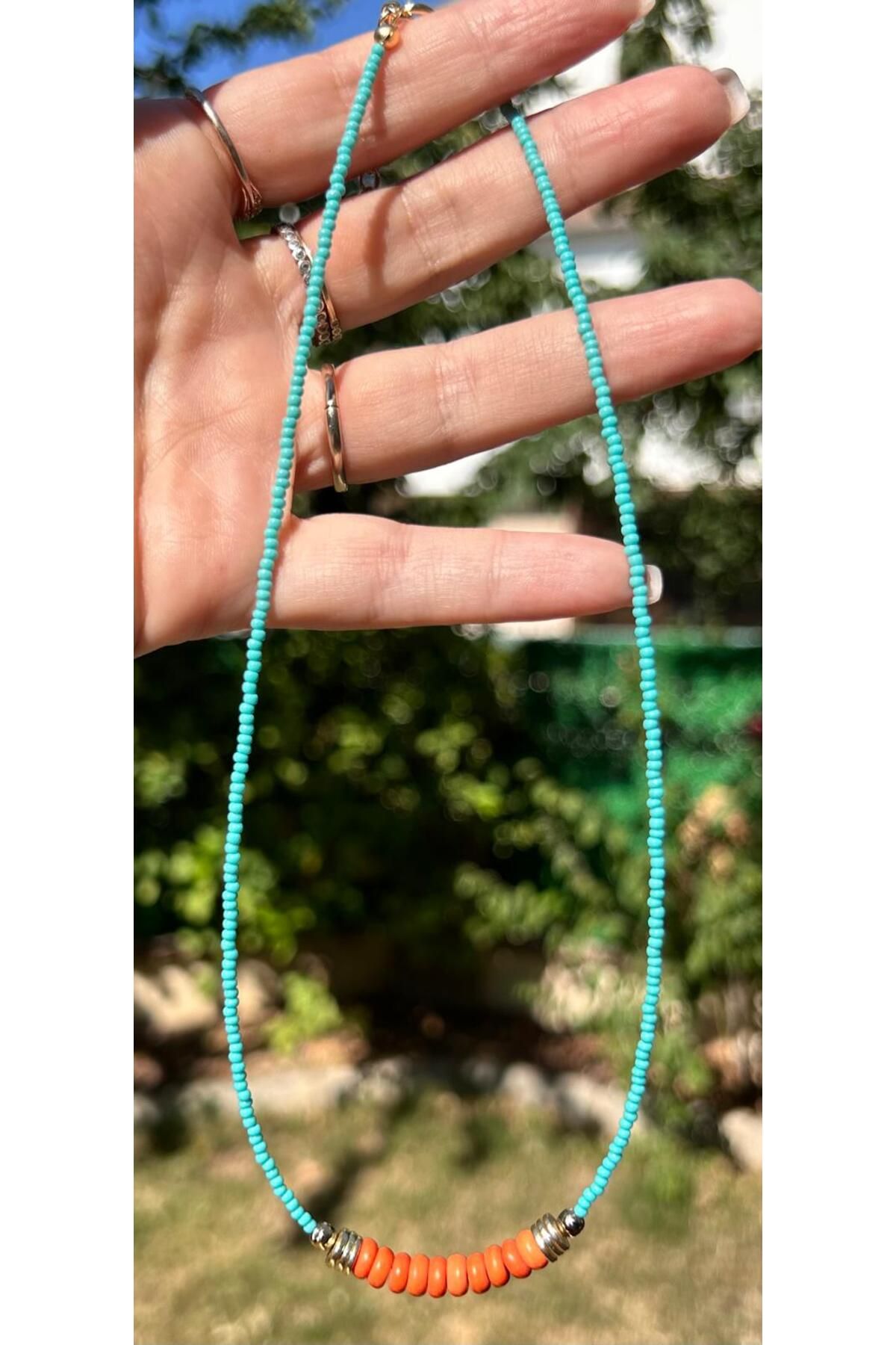 juleeco Turuncu Doğaltaş Turkuaz Kum Boncuklu Kolye(42+4cm)