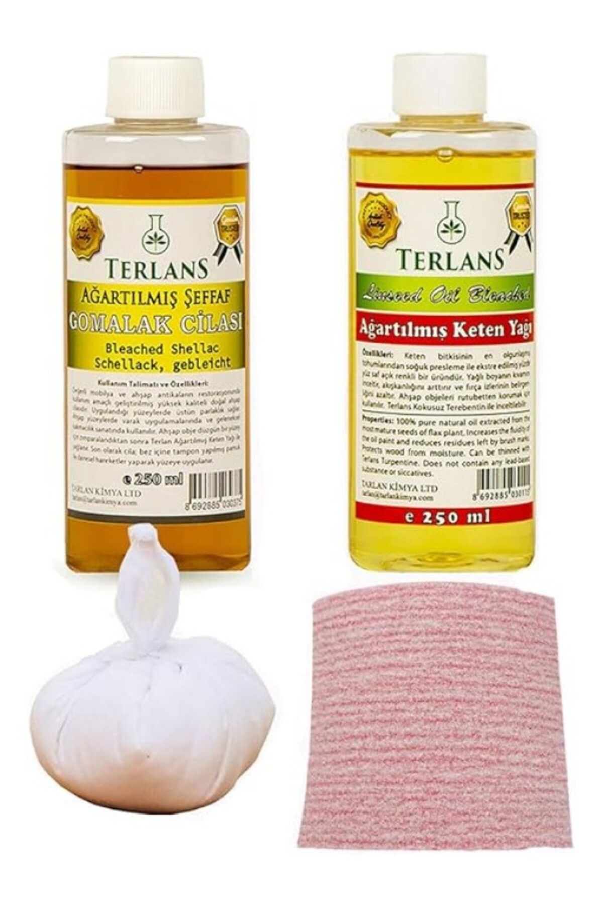 ShopZum Terlans Doğal Ahşap Cila Seti Şeffaf Gomalak + Keten Yağı + Sürme Topu + Süngerli Zımpara