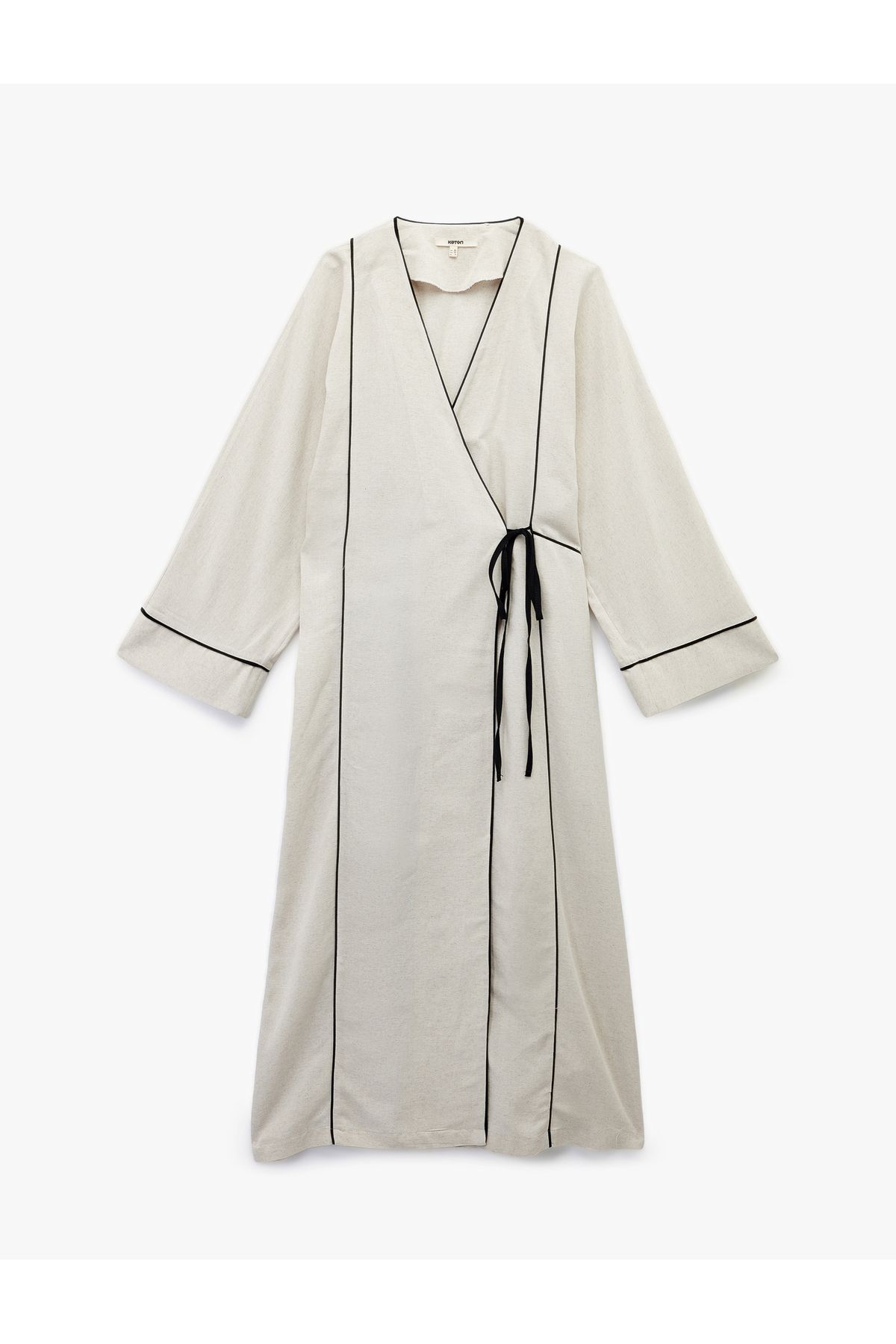Koton Viskon Keten Karışımlı Bol Kalıp Uzun Kollu Kruvaze Kimono Elbise