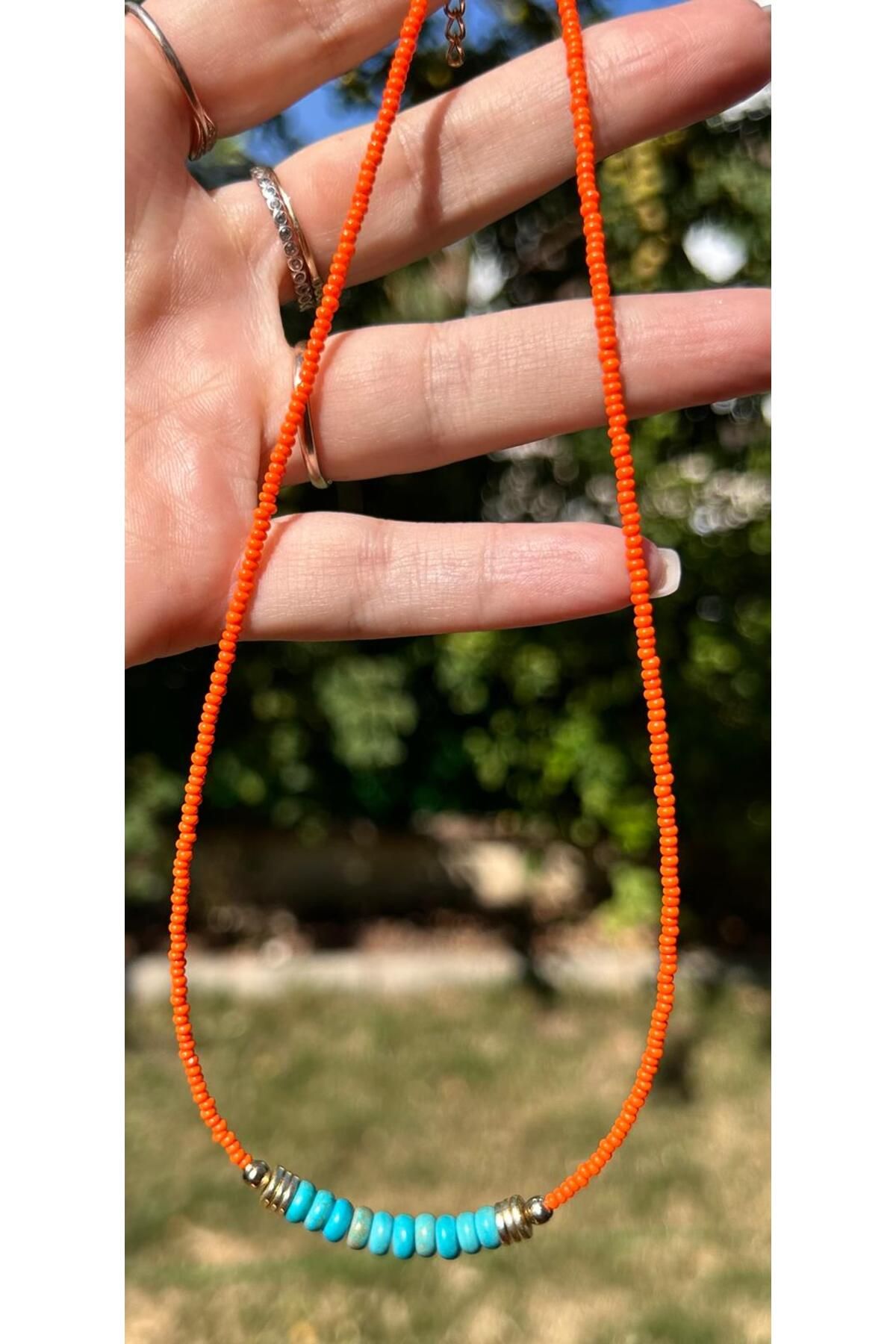 juleeco Turkuaz Doğaltaş Turuncu Kum Boncuklu Kolye(42+4cm)