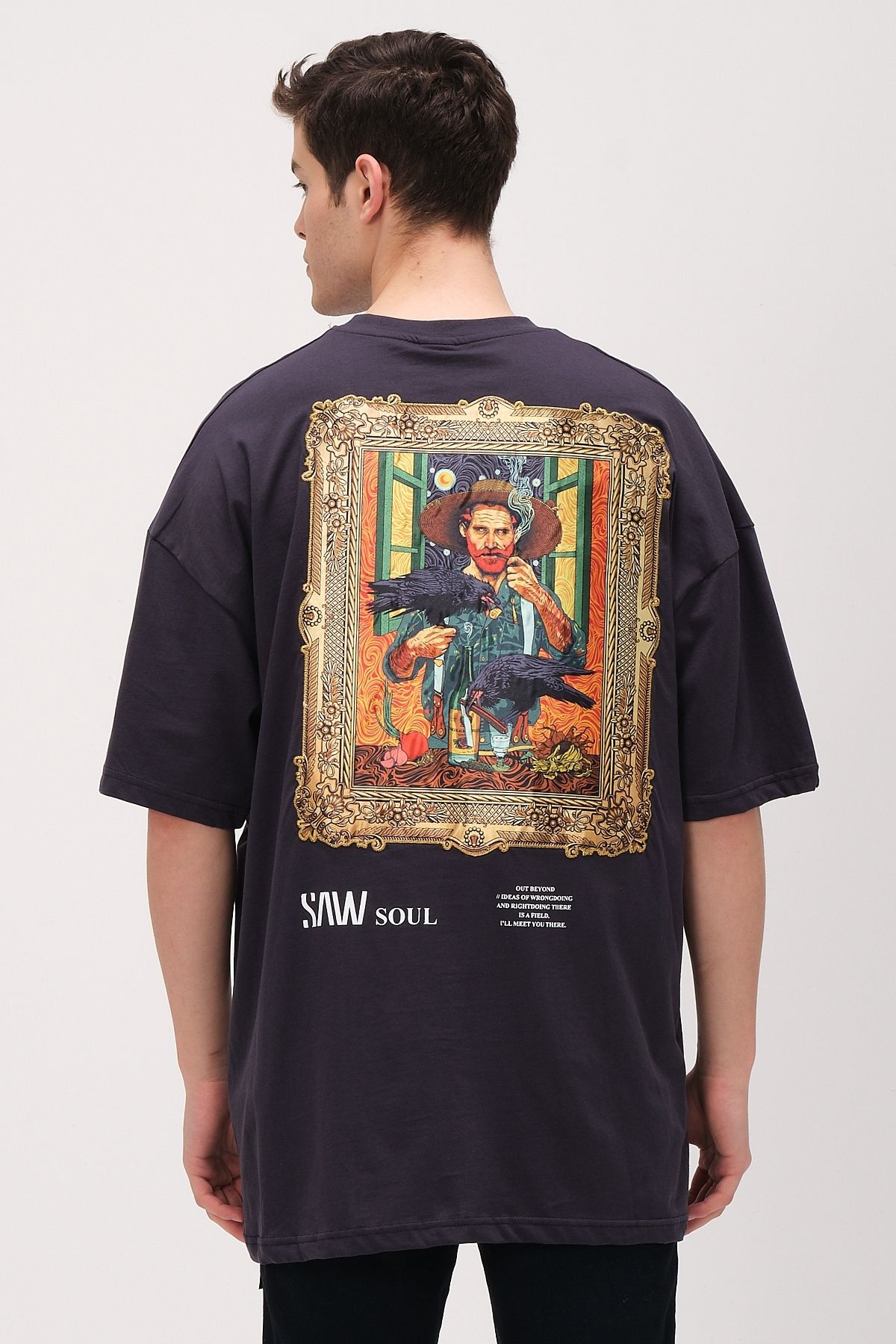 Chirkef Unisex Oversize 100% Pamuk Aplike Yama Sırt Baskılı Bisiklet Yaka Sokak Stili T-Shirt Van Gogh Smoke
