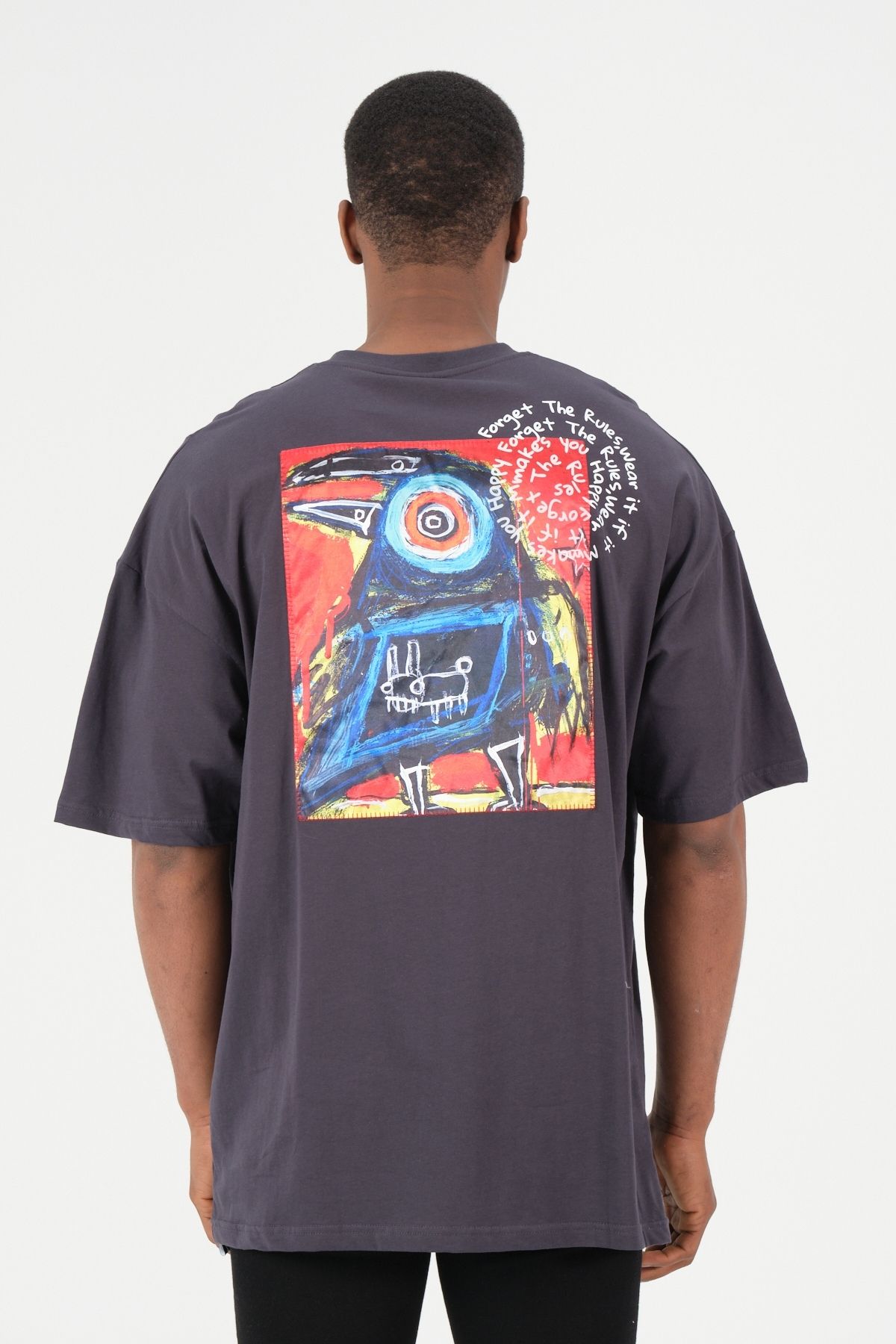 Chirkef Unisex Oversize 100% Pamuk Aplike Yama Sırt Baskılı Bisiklet Yaka Sokak Stili T-Shirt Forget Rules