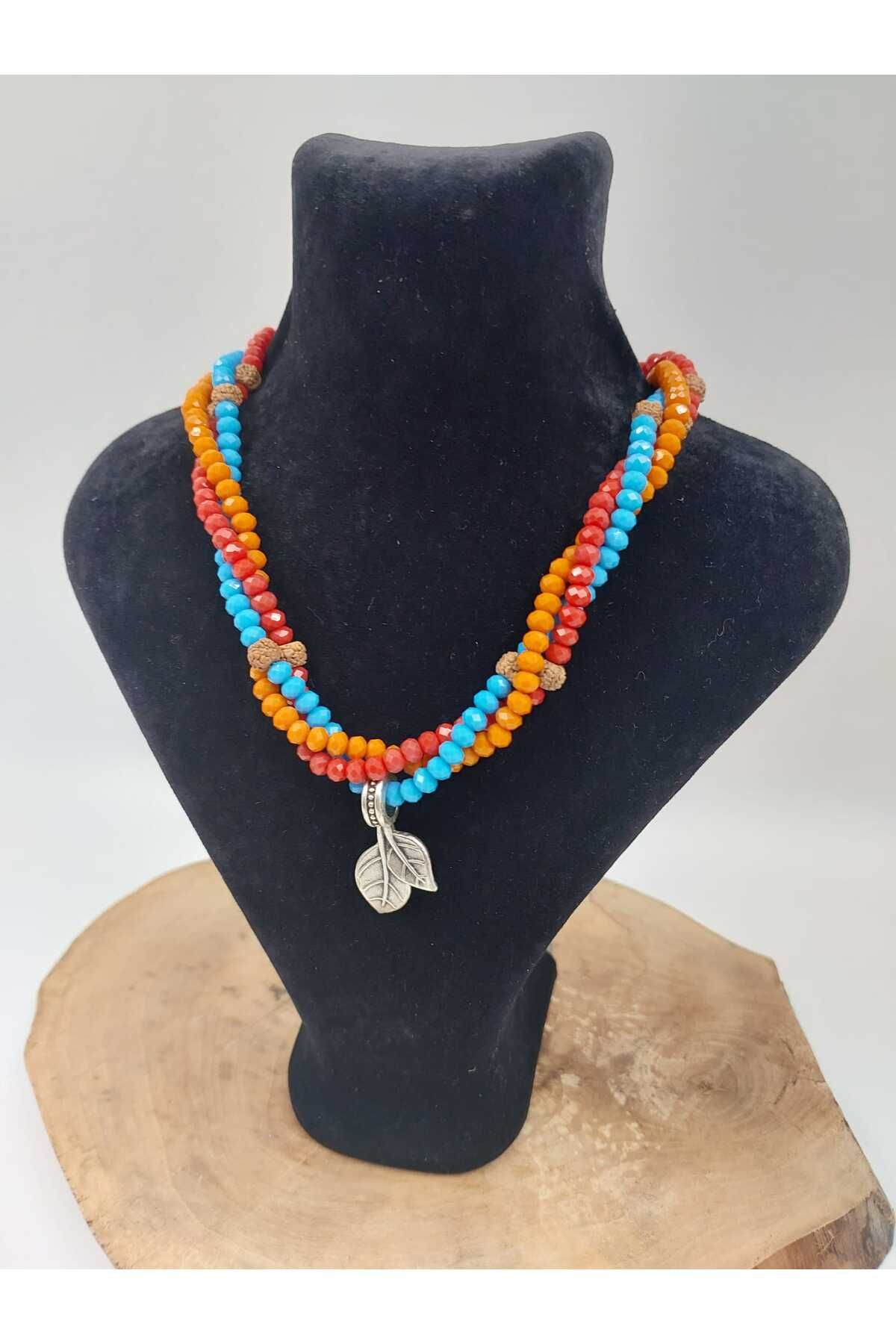 R G Handmade Design Doğanın Kalbinden: Rudraksha ve Kristal Taşlı Yaprak Kolye