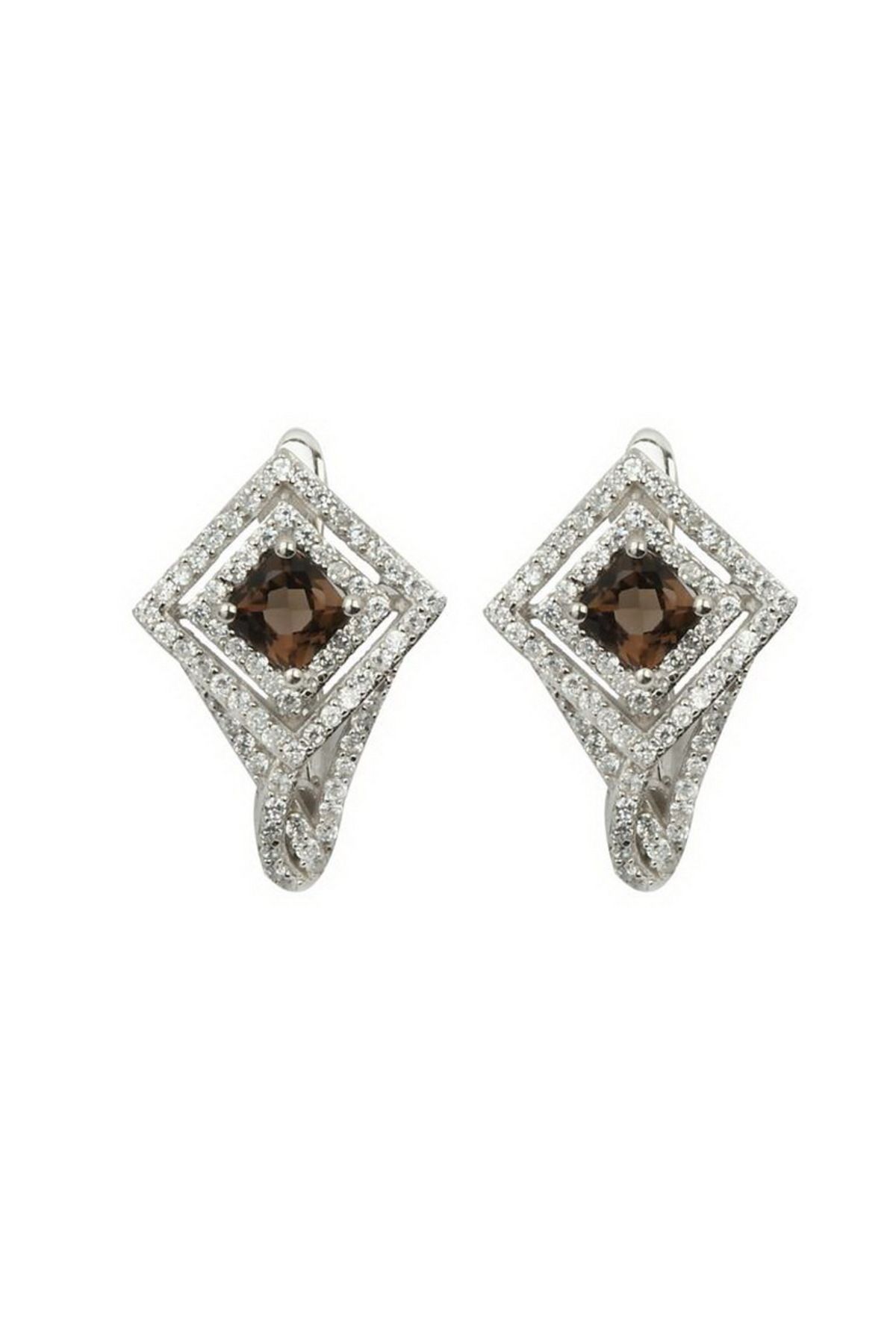 GÜMÜŞ DÜNYASI 925 AYAR Gümüş Rodyum Kaplamalı Kenarları Atom Beyaz Zirkon ve Kare Smoky Quartz Taşlı Kadın KÜPE