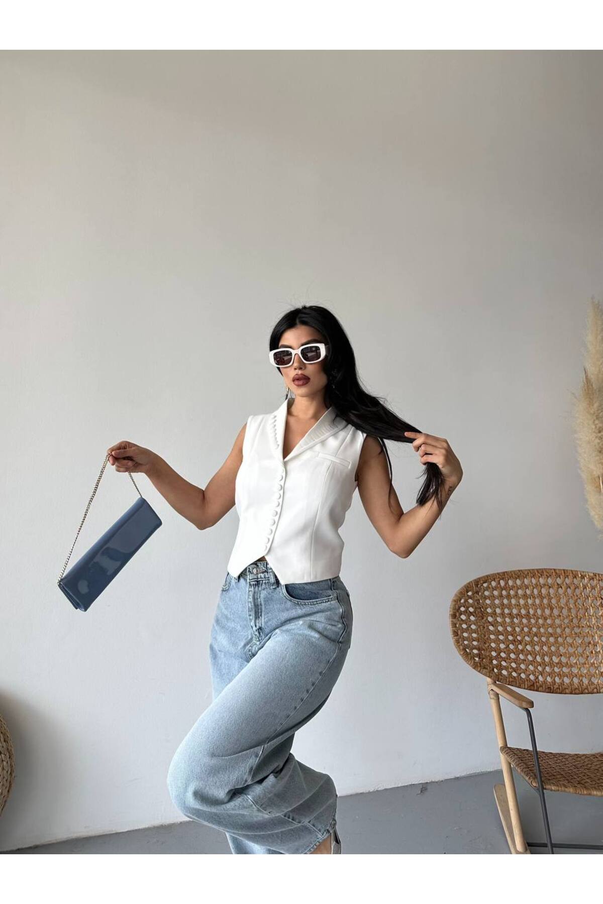 Kadın Düğme Detaylı Blazer Yelek Ceket Beyaz