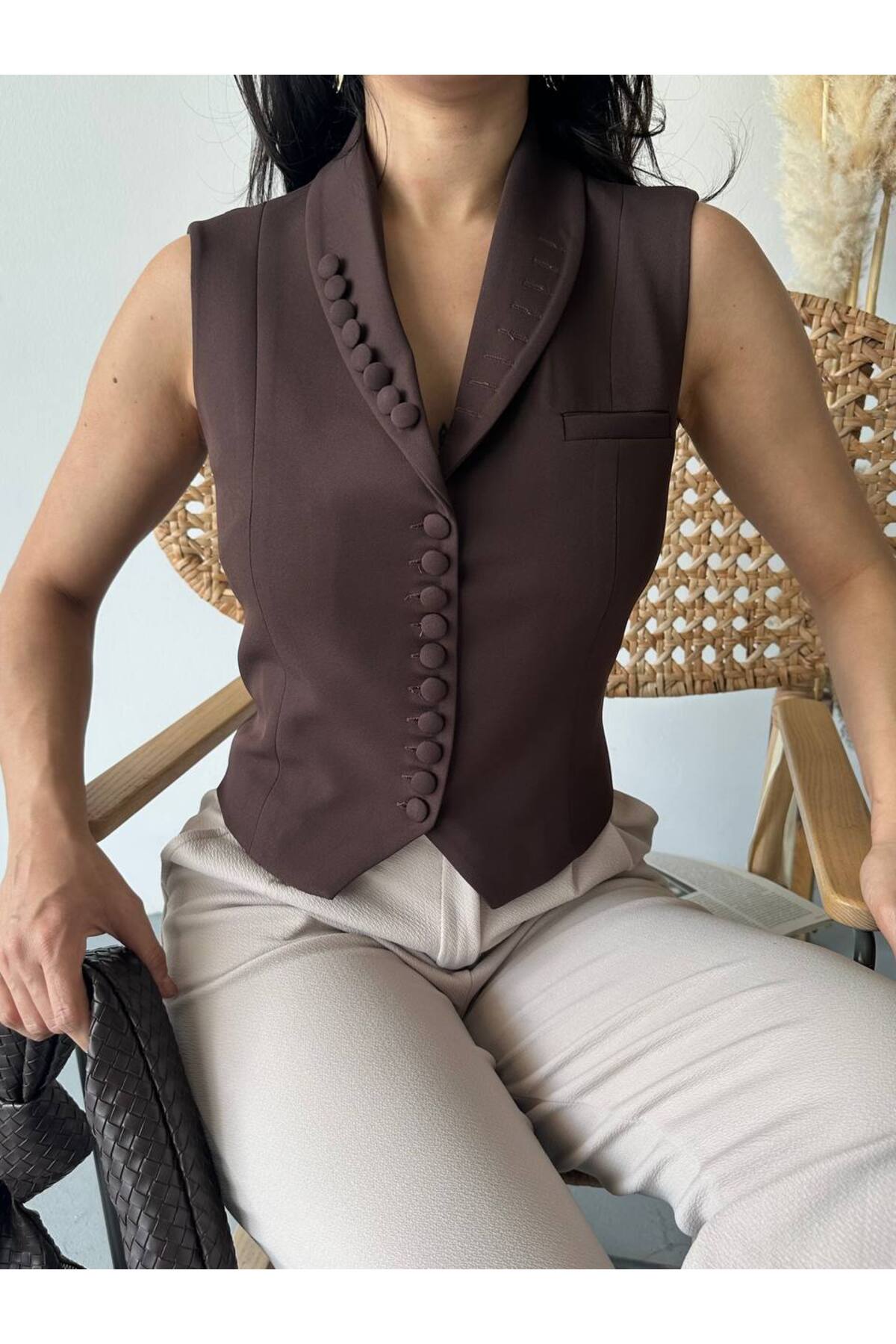 Kadın Blazer Yelek Ceket Kahverengi Düğme Detaylı - Görsel 6