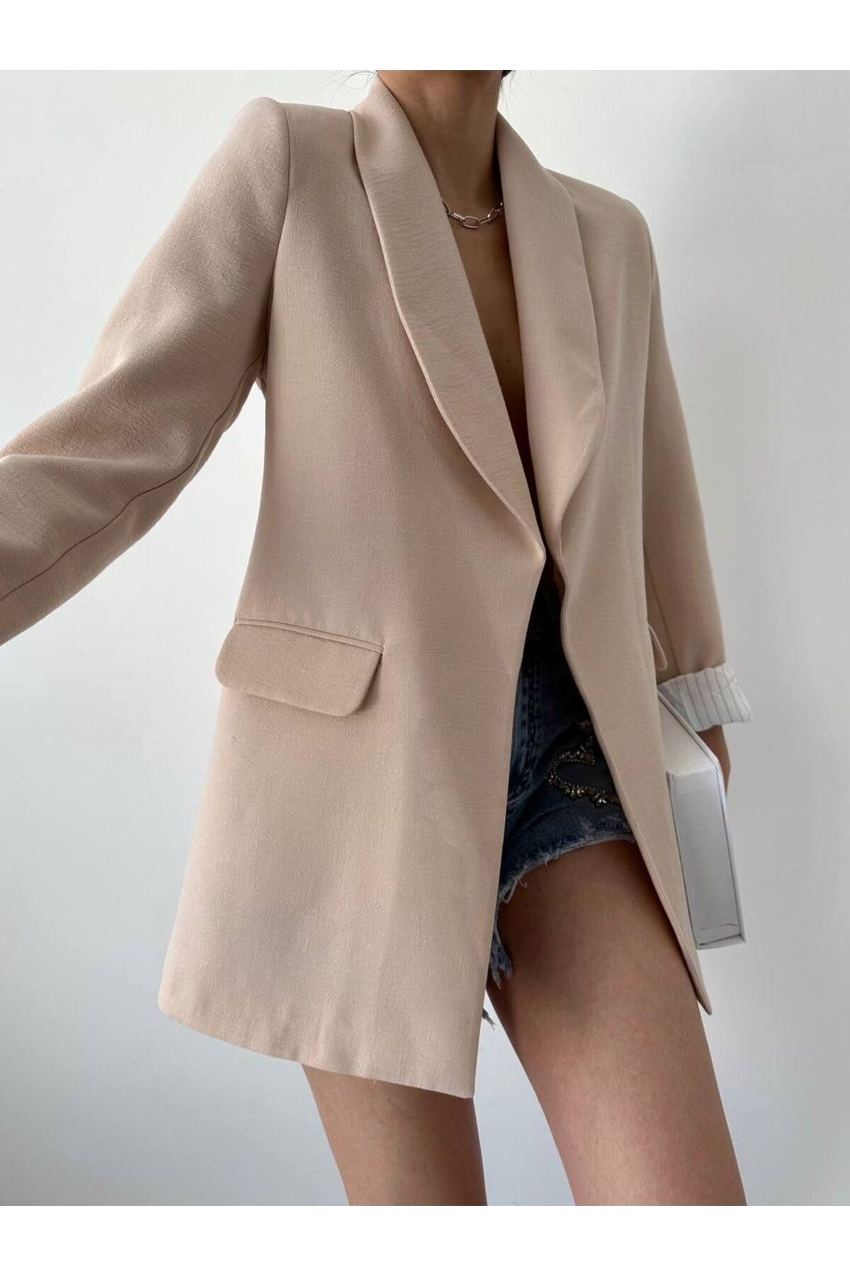 MODA Çizgi Astarlı Bej Ham Keten Blazer Ceket