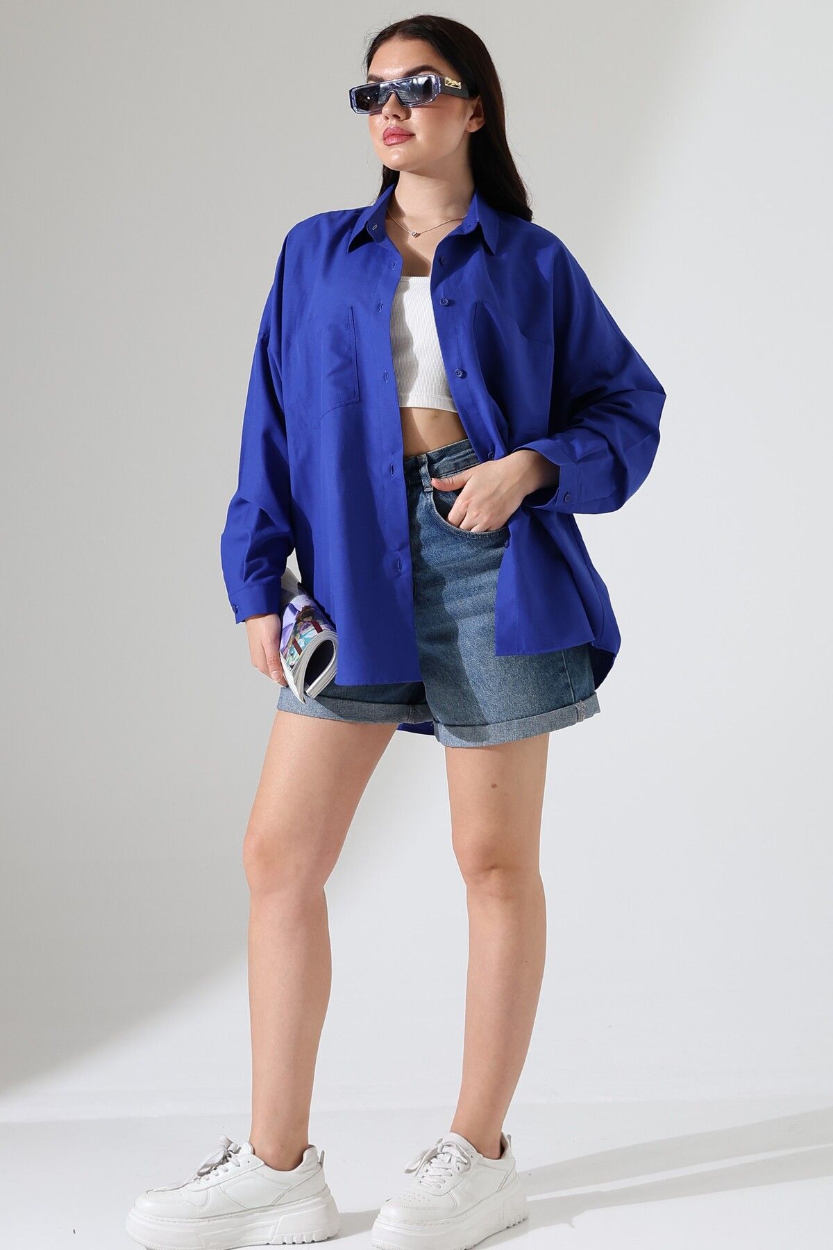 GÖMLEKÇİNİZ Oversize Poplin Kumaş Çift Cepli Kadın Tunik Gömlek