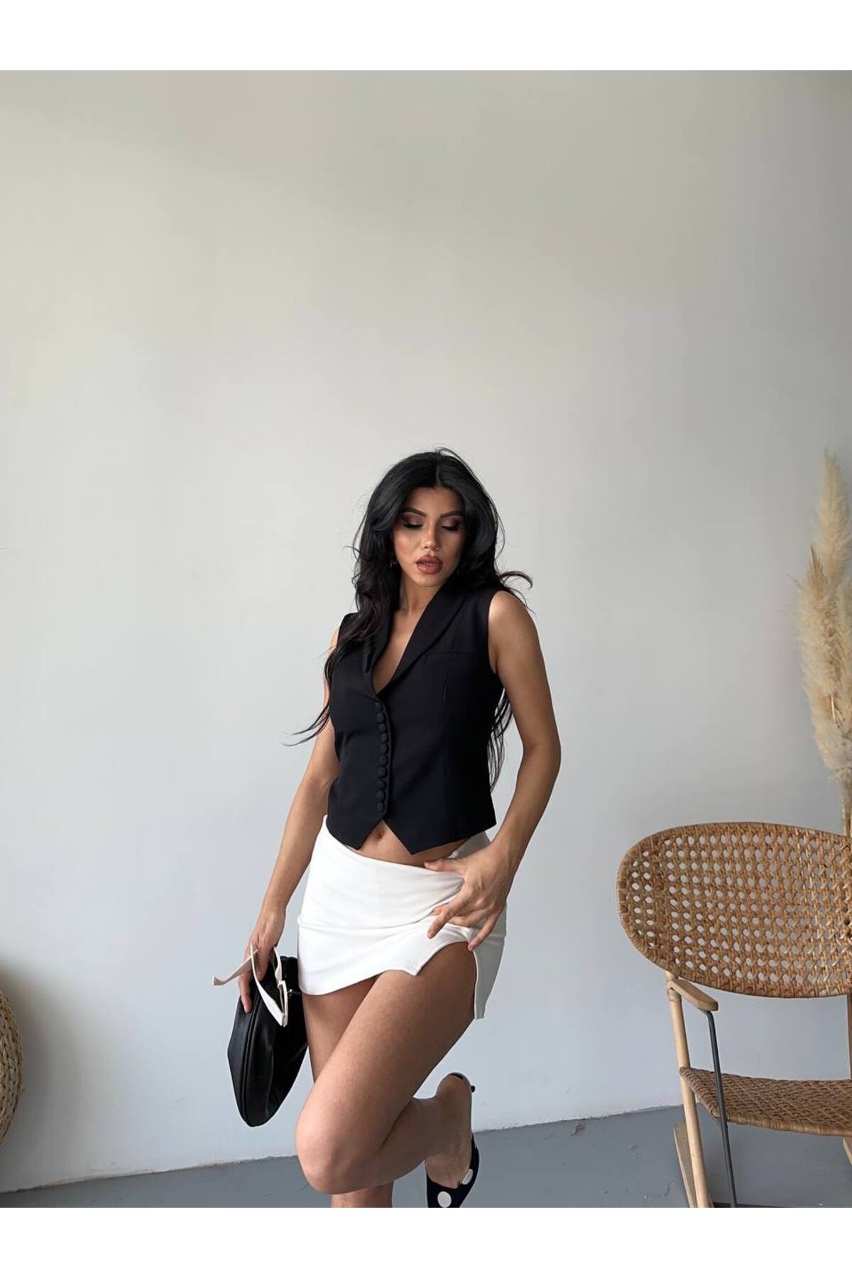 Siyah Düğme Detaylı Blazer Yelek Ceket Kadın