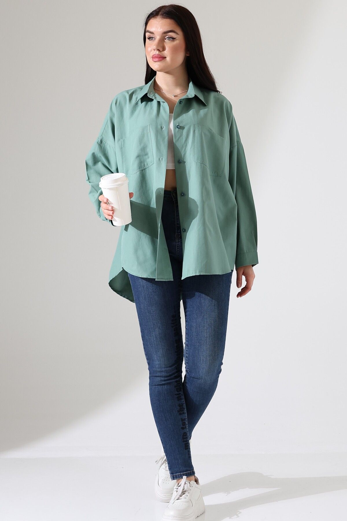GÖMLEKÇİNİZ Oversize Poplin Kumaş Çift Cepli Kadın Tunik Gömlek