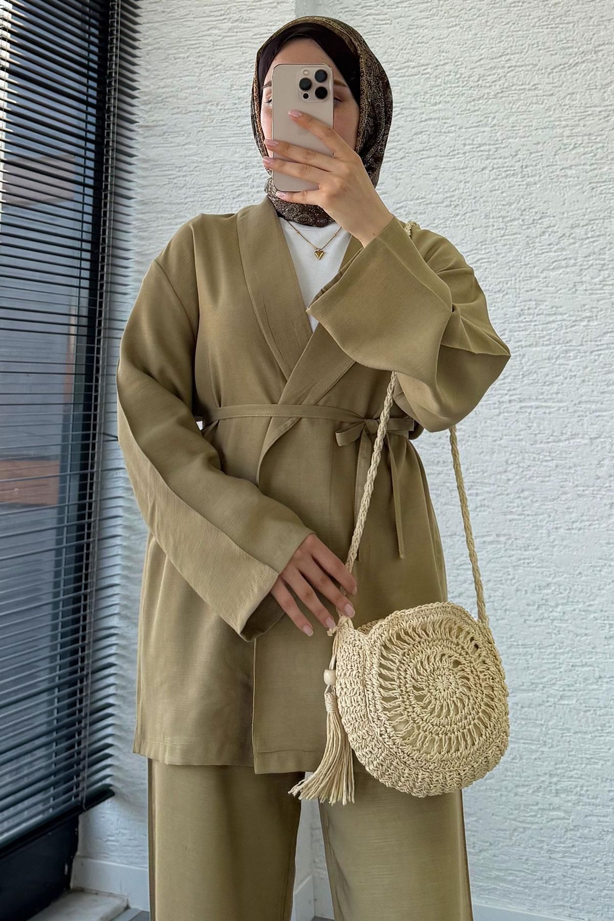 MELEK ARAZ Efil Bağlamalı Kimono Takım – Yağ Yeşili