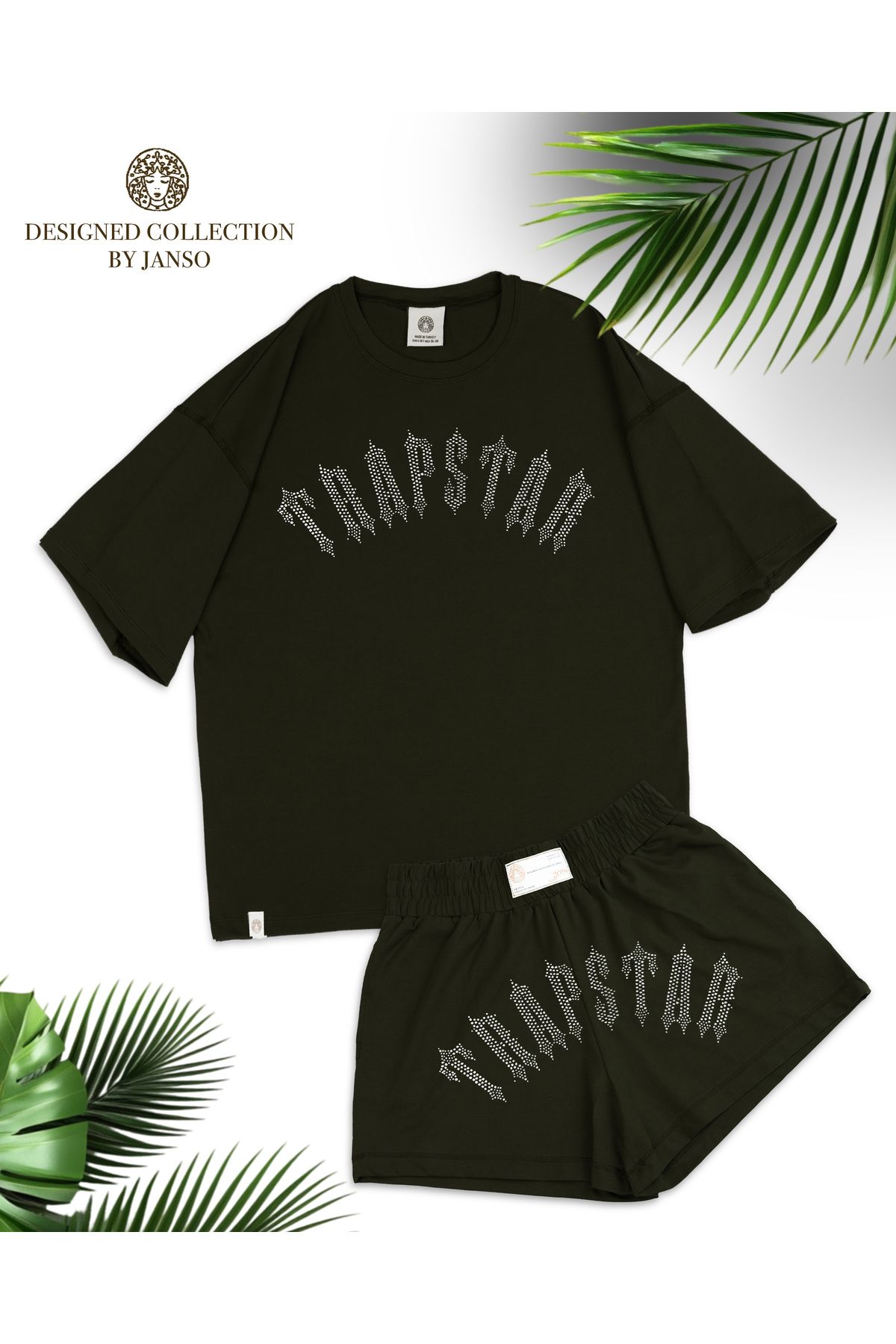 JANSO GROUP - KADIN PAMUKLU BASKILI TAŞ BASKILI TSHIRT-ŞORT TAKIMI 2 Lİ