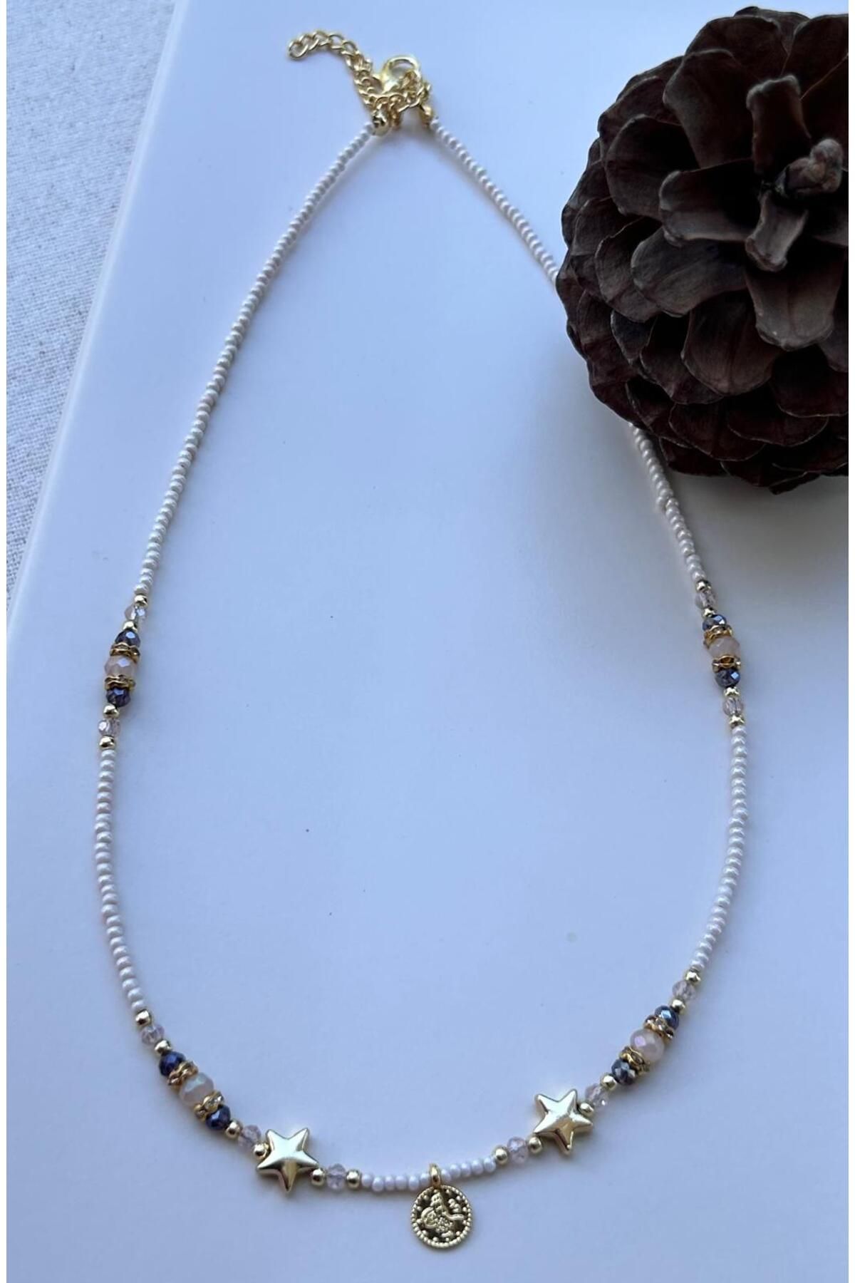 juleeco Yıldız Tuğra Mor ve Beyaz Kum Boncuklu Kolye(42+5cm)
