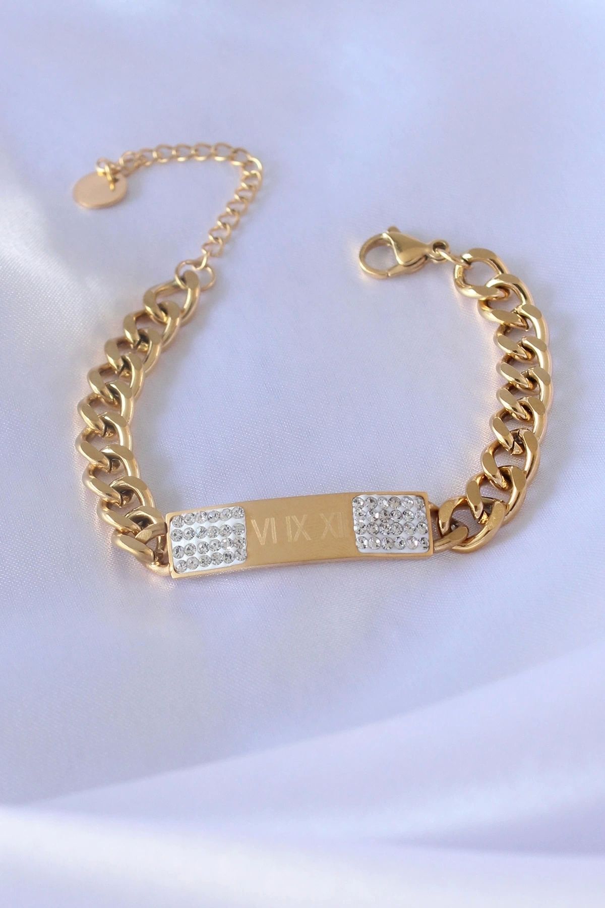thebestnzm 316L Çelik Gold Renk Zincir Model İşleme Detay Zirkon Taşlı Kadın Bileklik