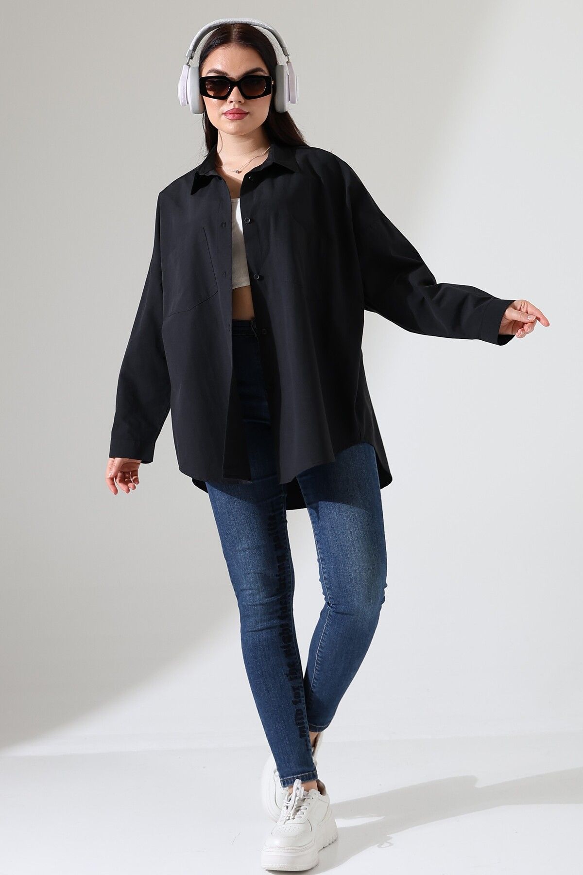 GÖMLEKÇİNİZ Oversize Poplin Kumaş Çift Cepli Kadın Tunik Gömlek