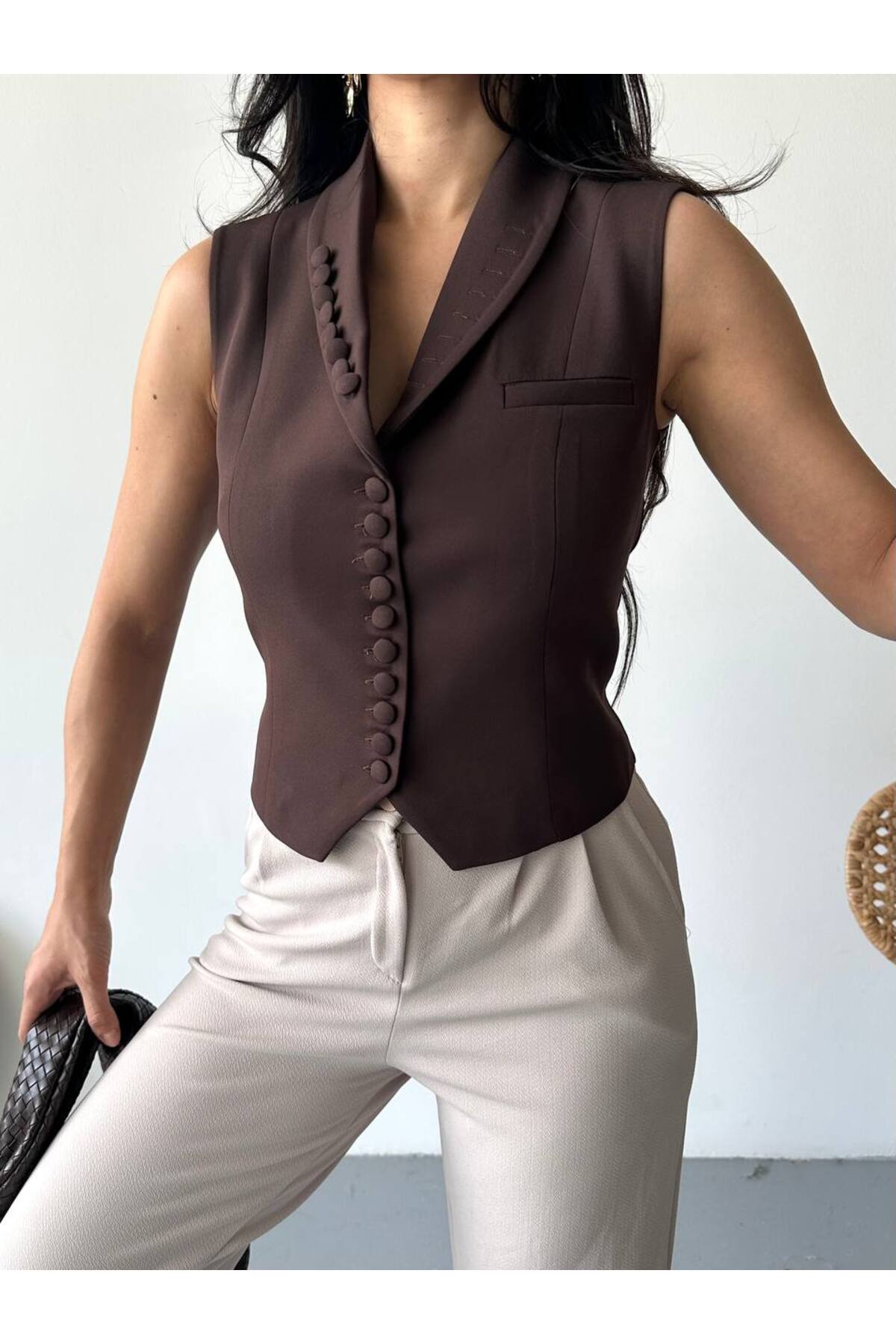 Kadın Blazer Yelek Ceket Kahverengi Düğme Detaylı - Görsel 7