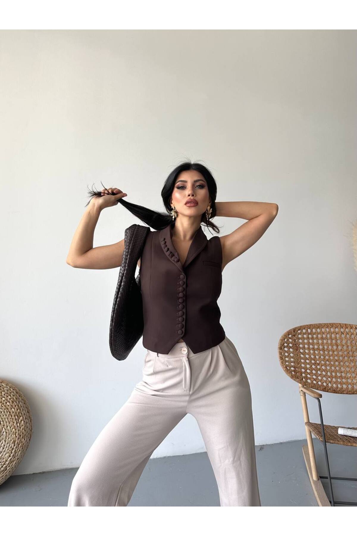Kadın Blazer Yelek Ceket Kahverengi Düğme Detaylı