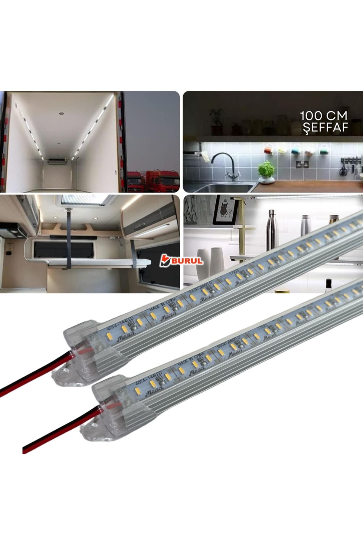 burul SB-6552 2 Adet Alüminyum Kasalı Yüksek Lümen 4014 Bar Led 12 Volt Beyaz 100 Cm Şeffaf Karavan Tekne