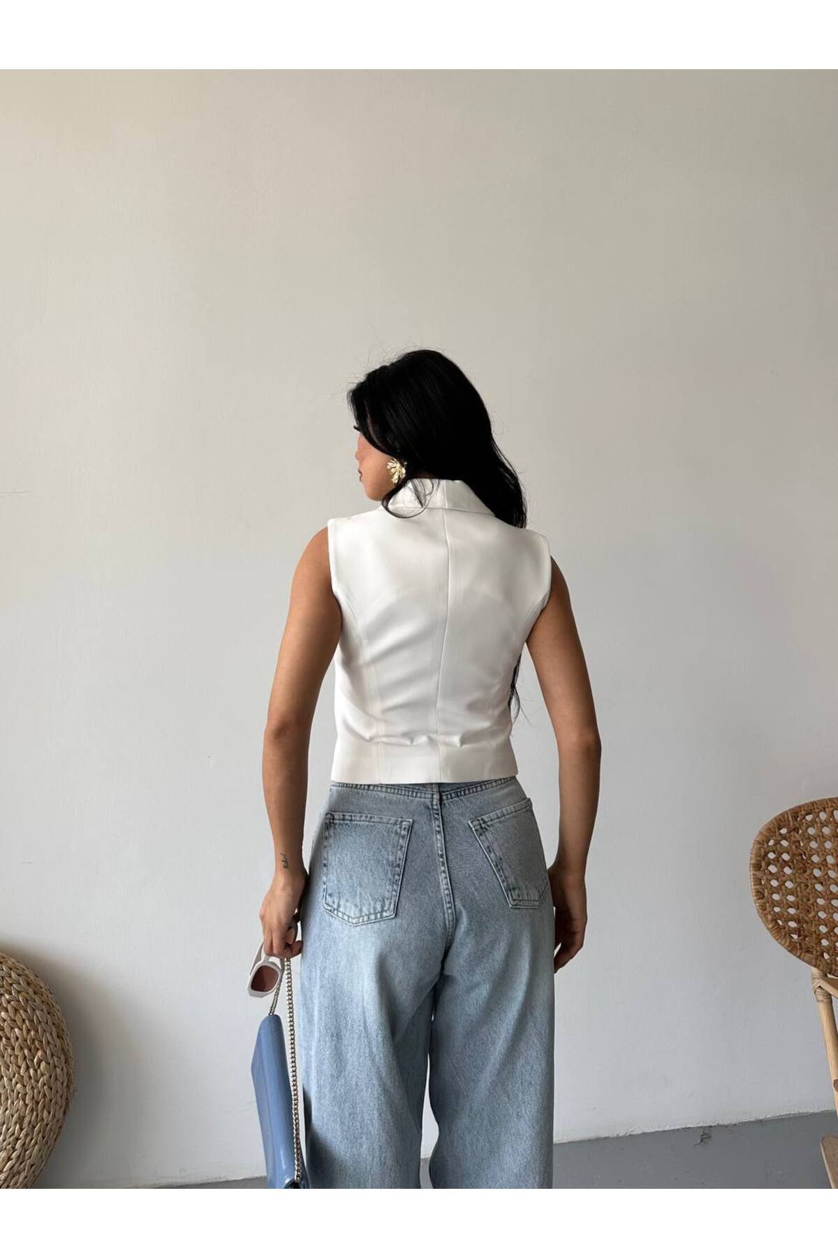 Kadın Düğme Detaylı Blazer Yelek Ceket Beyaz - Görsel 7