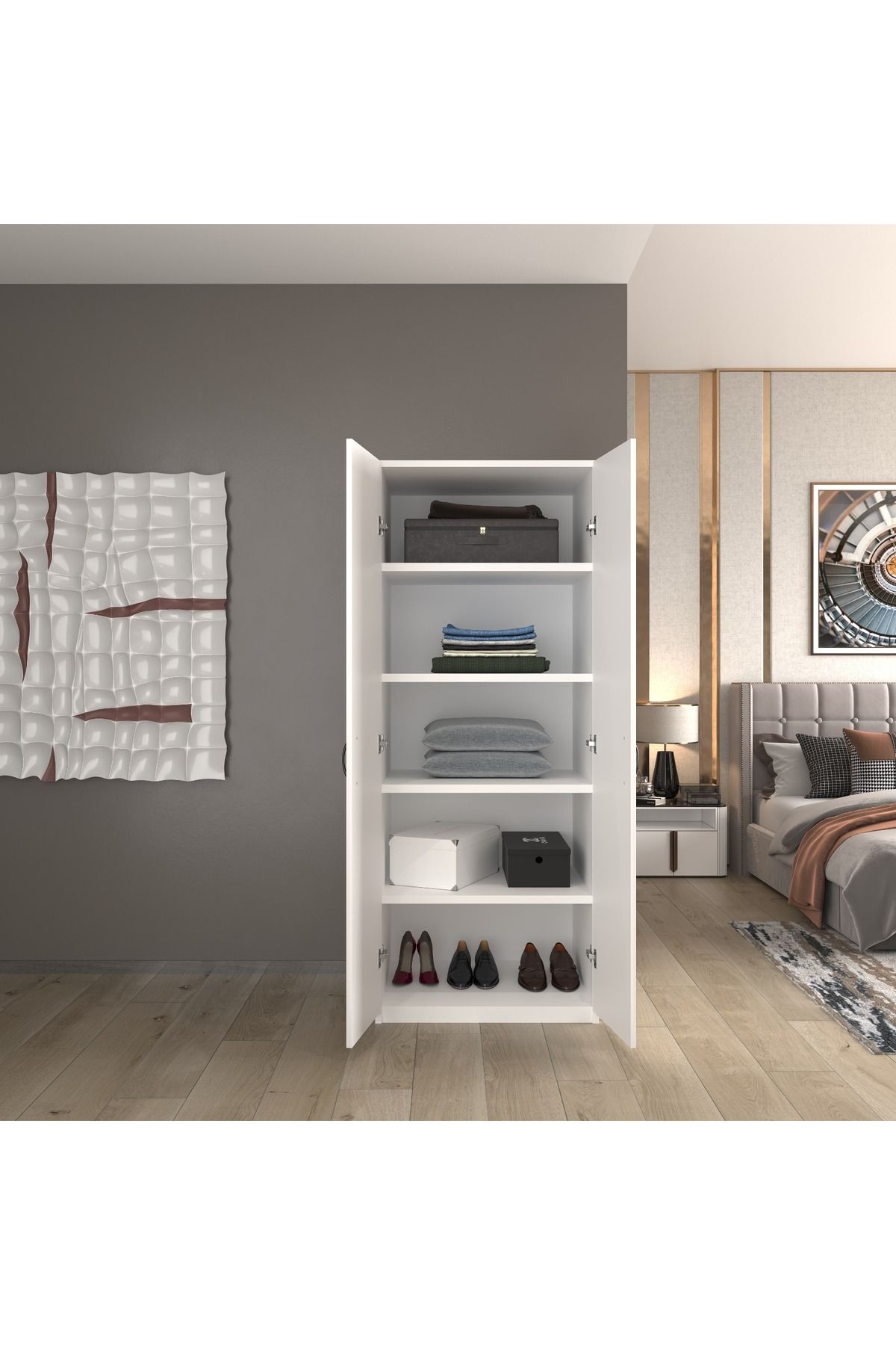 EVA İTHALAT modüleva beyaz 2 kapaklı 5 katlı çok amaçlı / elbise dolabı / saklama dolabı