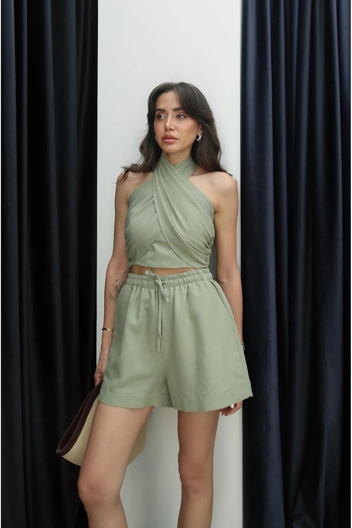 My Blog Haki Martina Boyundan Bağlı Büstiyer Şortlu Takım - 30361